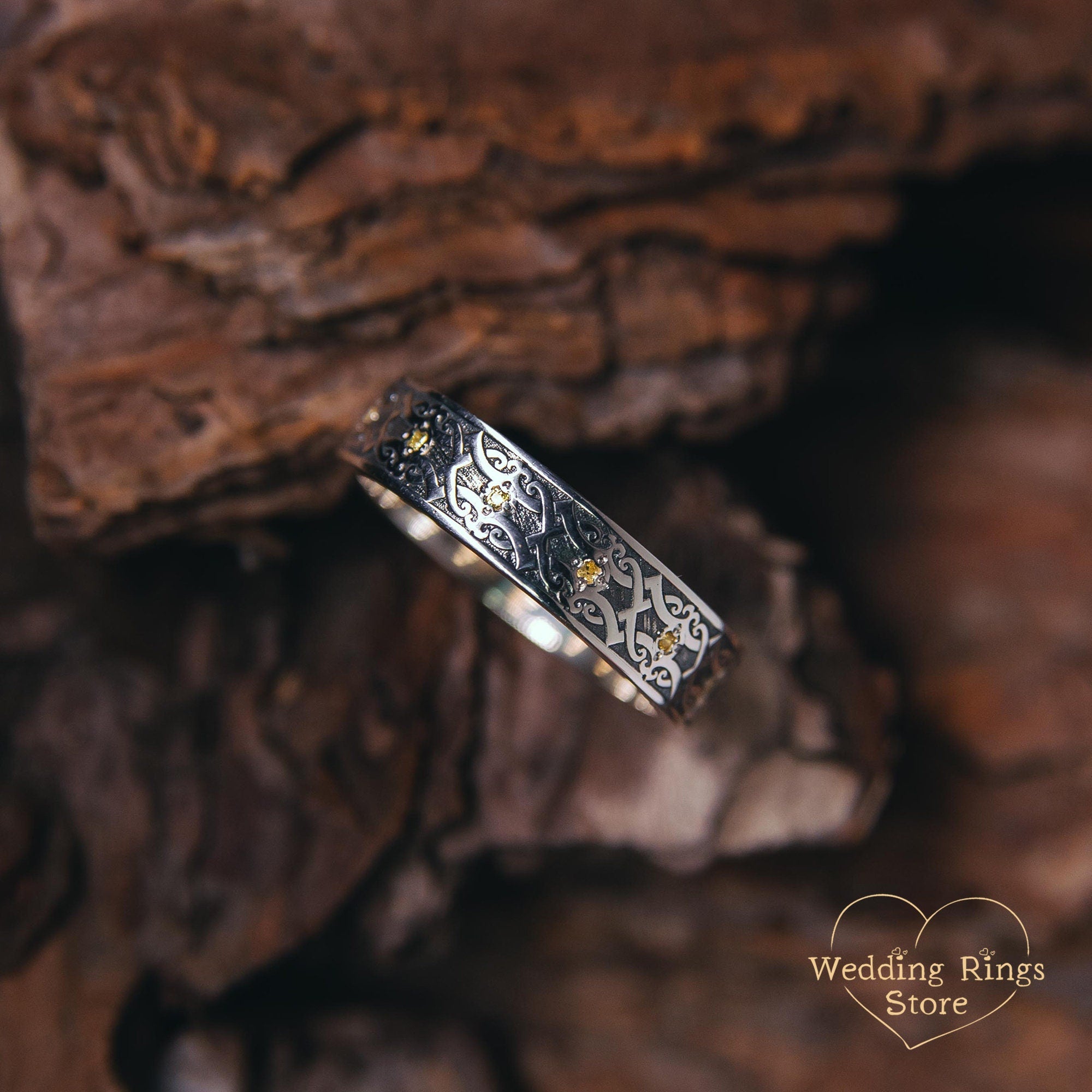 Viking Ring - Citrines in Silver Viking Wedding Band for Women & Men Custom Multi Gemstone Fantasy