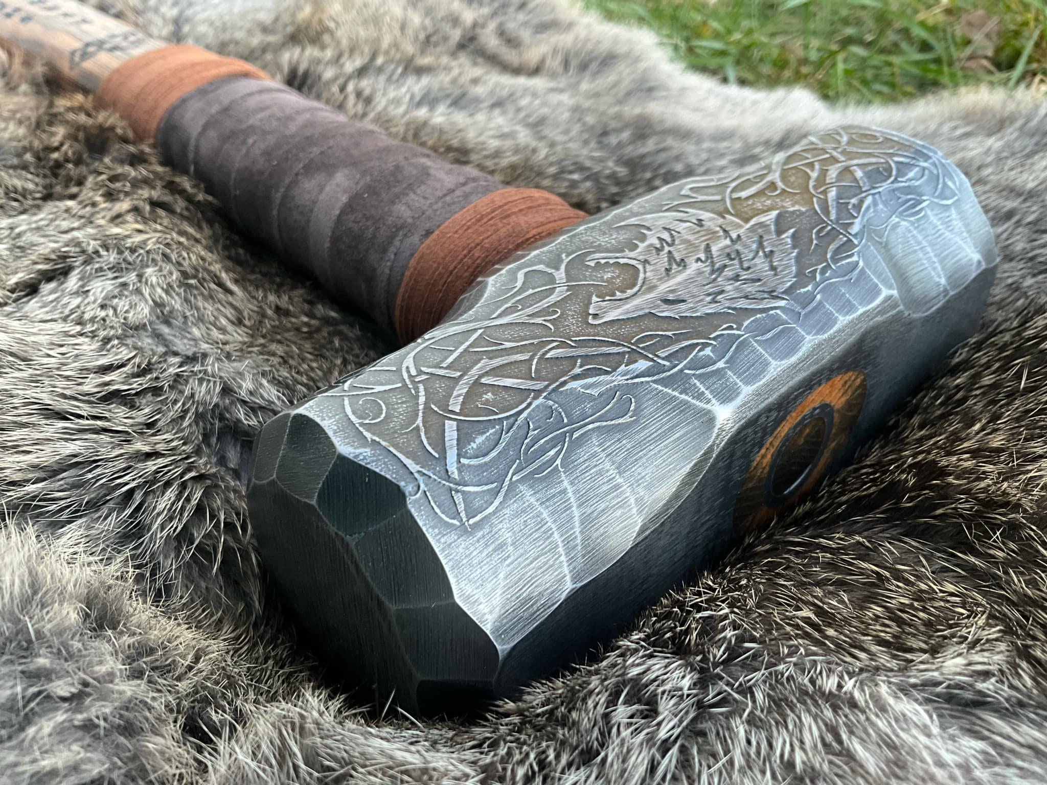 Viking Wolf Costume & LARP - Fenrir Viking Hammer Wolf and Runes Engraved Norse Cosplay Rustic