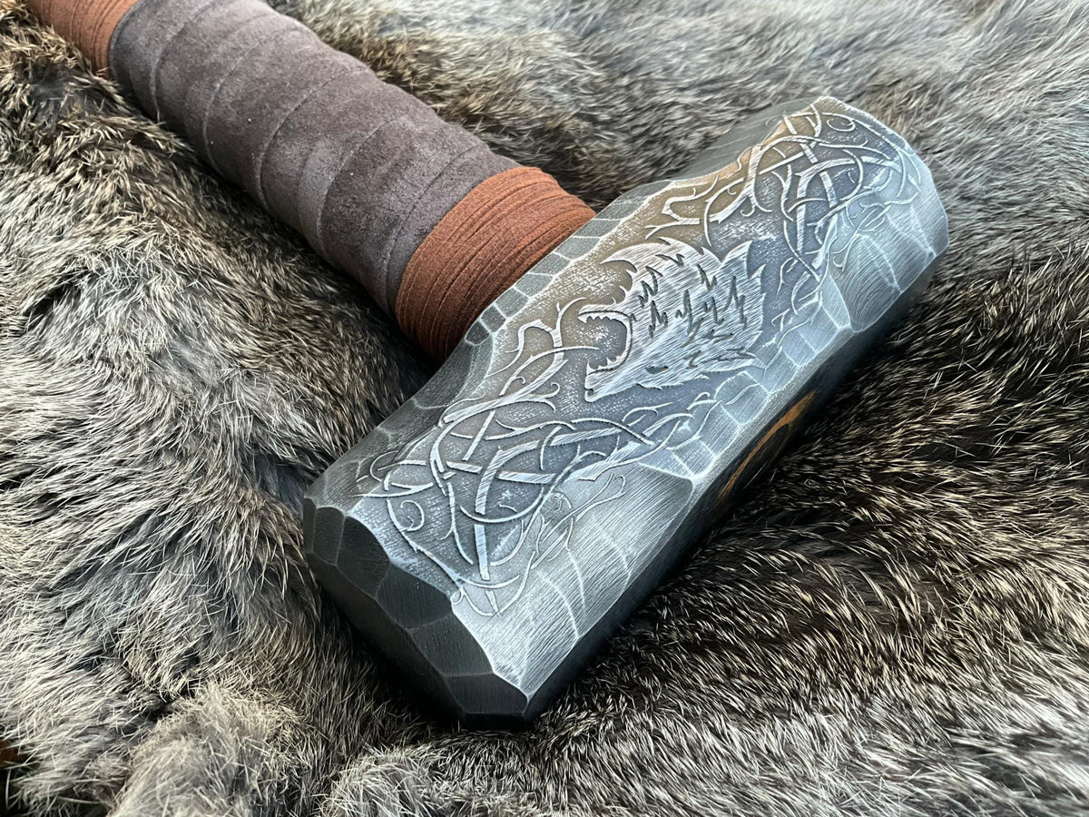 Viking Wolf Costume & LARP - Fenrir Viking Hammer Wolf and Runes Engraved Norse Cosplay Rustic