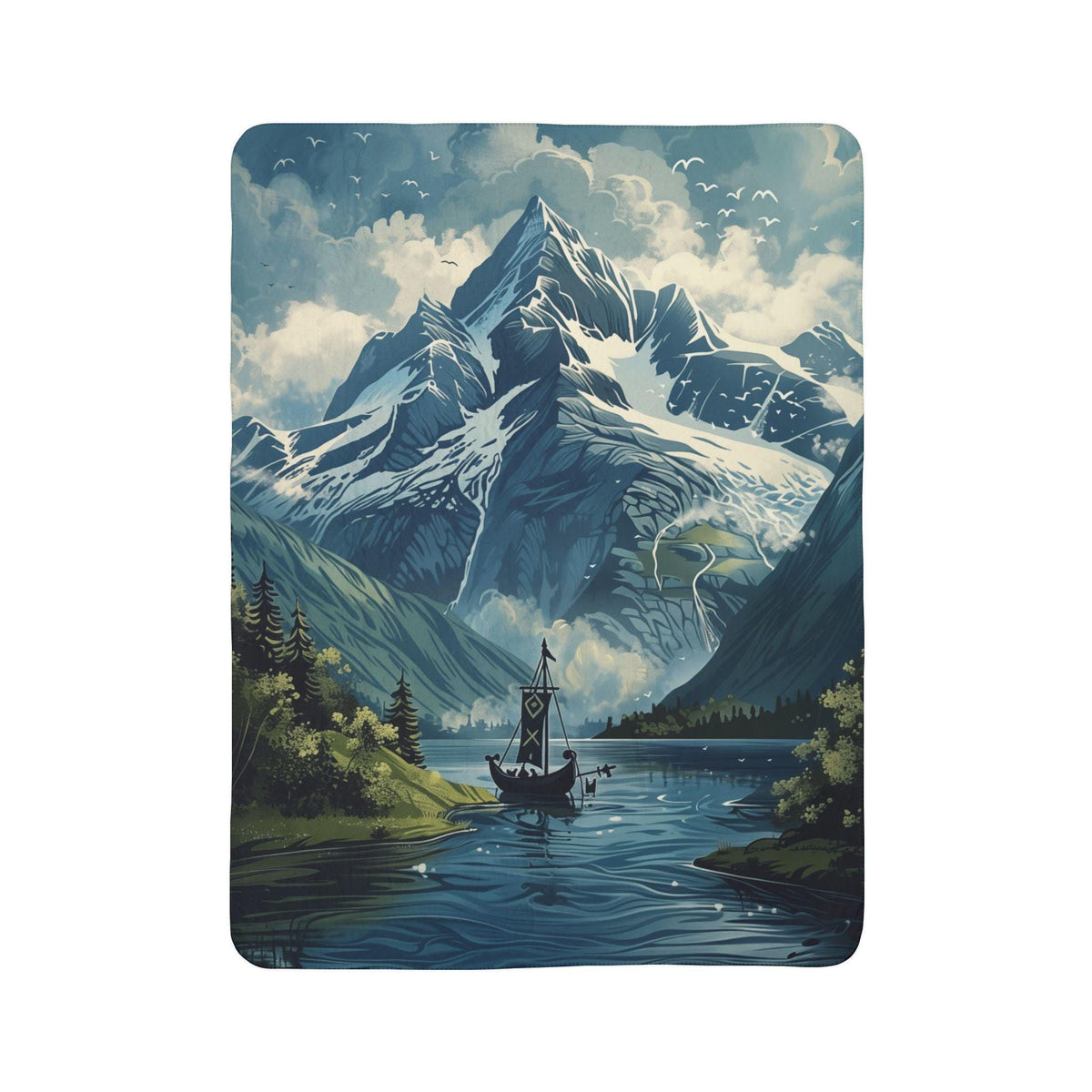 Viking Blanket - Viking Mountain Fjord and Longboat Soft Fleece Blanket - Viking Art Blanket - Gift