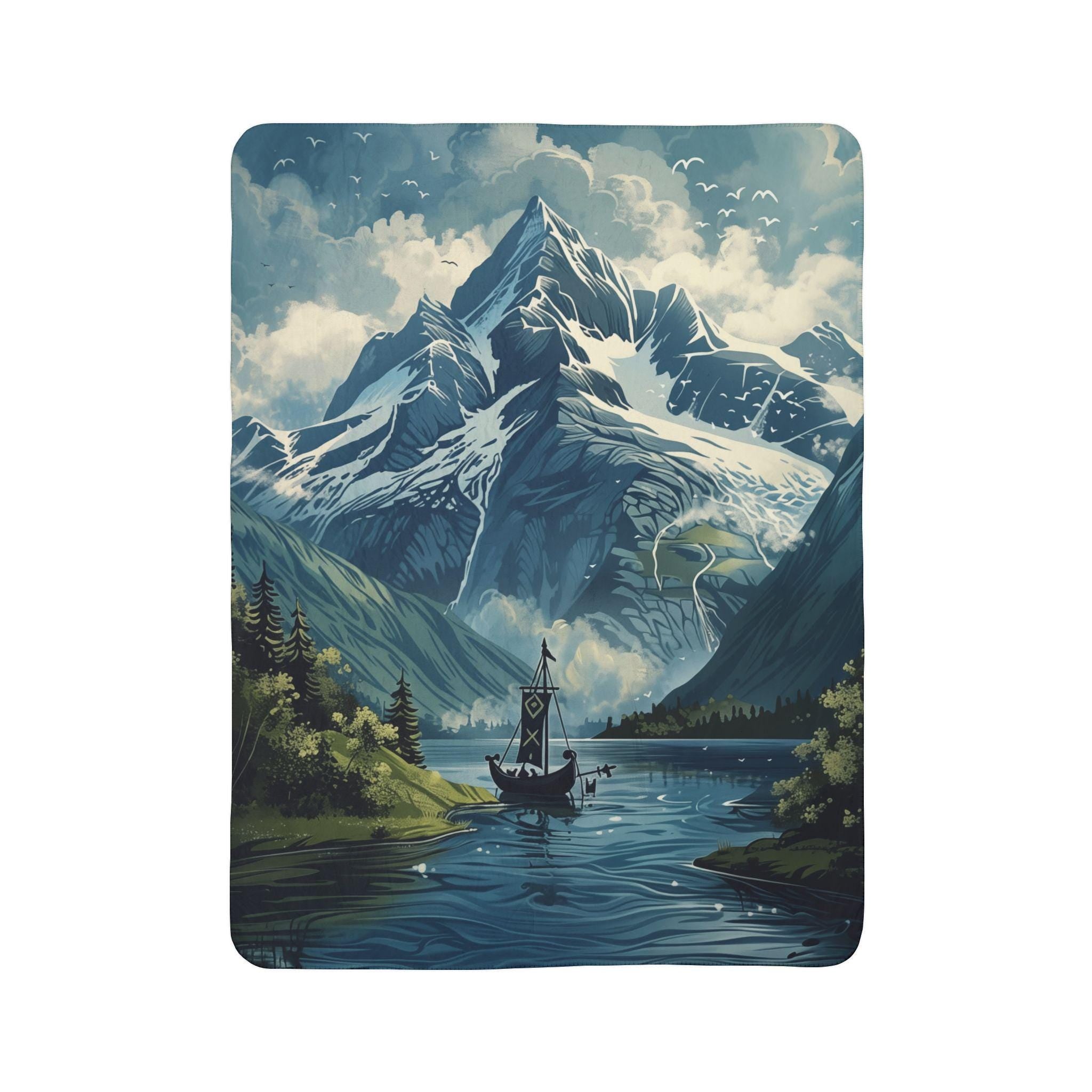 Viking Blanket - Viking Mountain Fjord and Longboat Soft Fleece Blanket - Viking Art Blanket - Gift