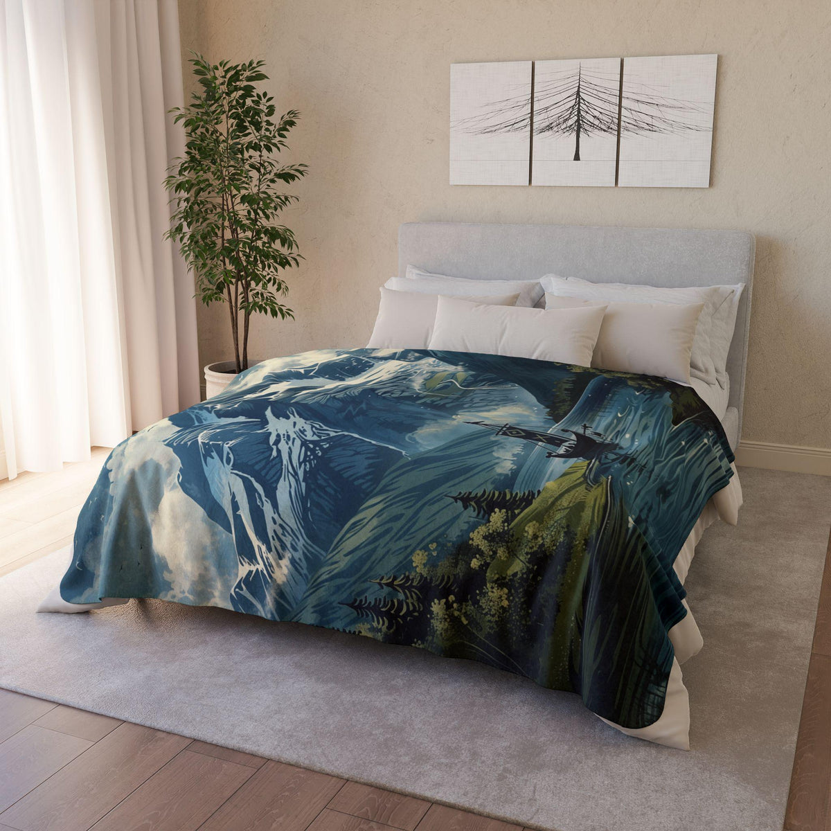 Viking Blanket - Viking Mountain Fjord and Longboat Soft Fleece Blanket - Viking Art Blanket - Gift
