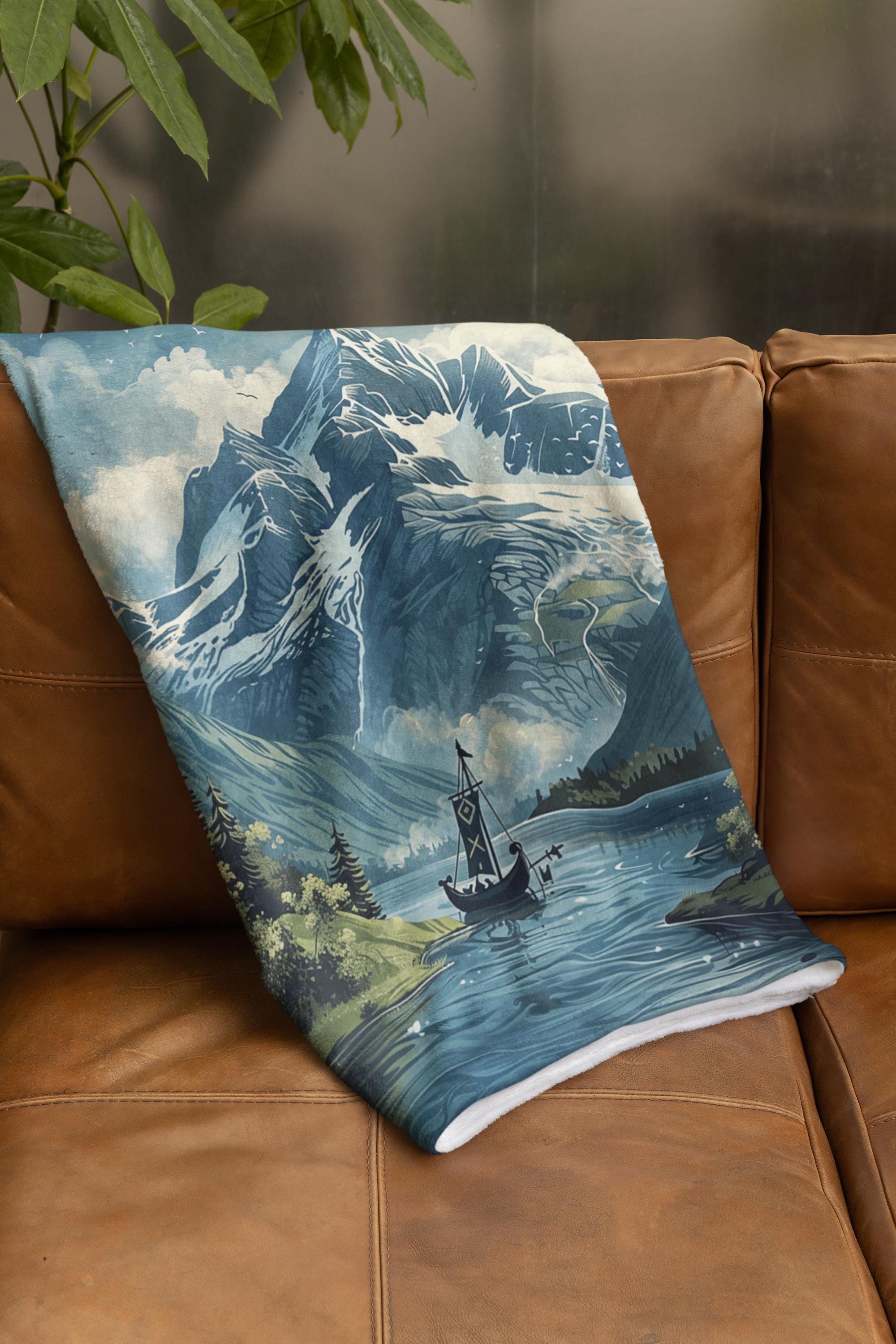 Viking Blanket - Viking Mountain Fjord and Longboat Soft Fleece Blanket - Viking Art Blanket - Gift