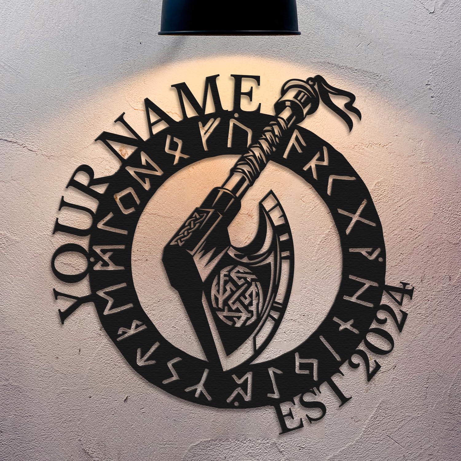 Viking Home Decor - Personalized Vikings Axe Metal Wall Art: Custom Name Sign