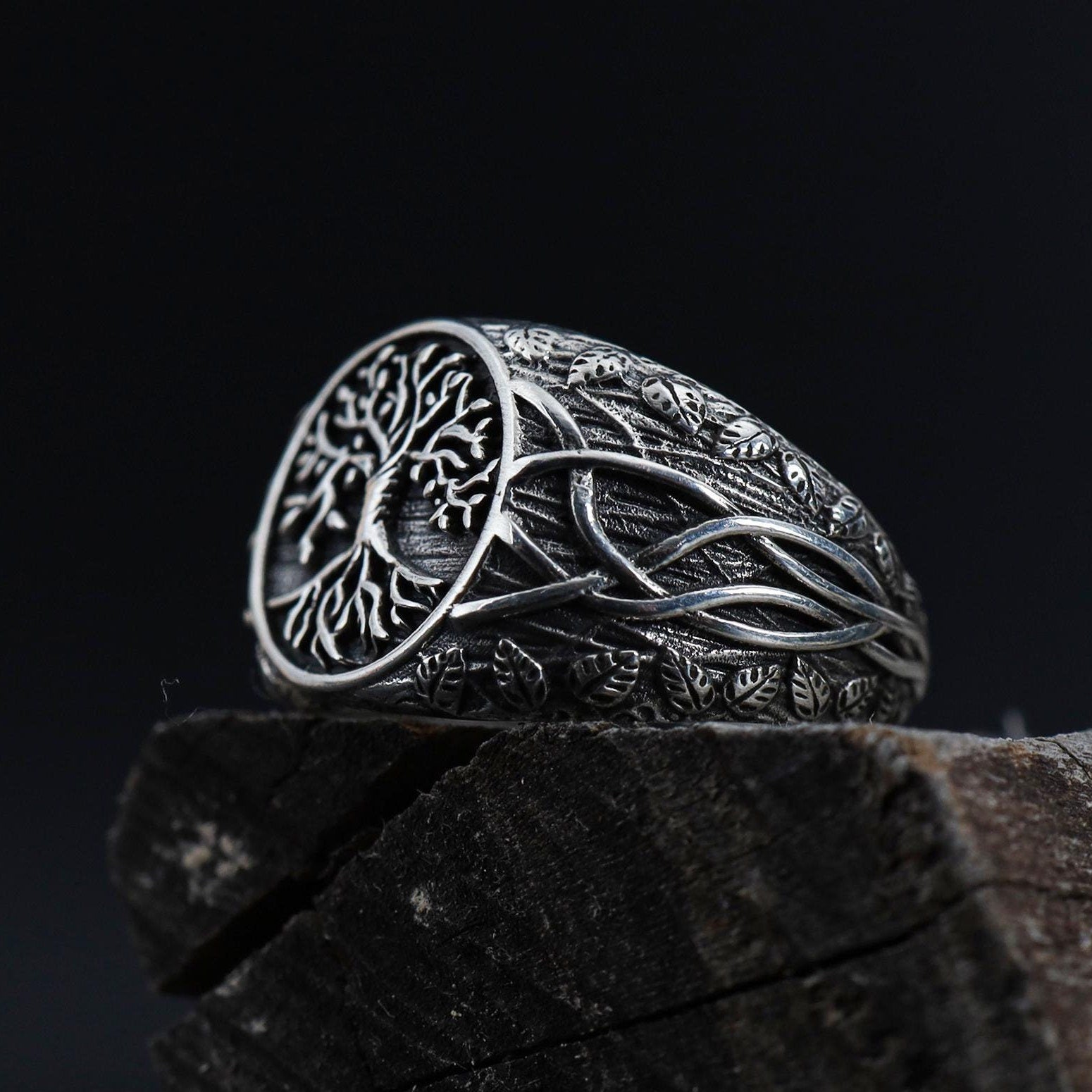 Viking Rune Ring - Viking Tree of Life Ring Mens Titanium Steel Celtic Knot Band Rustic Norse Rune