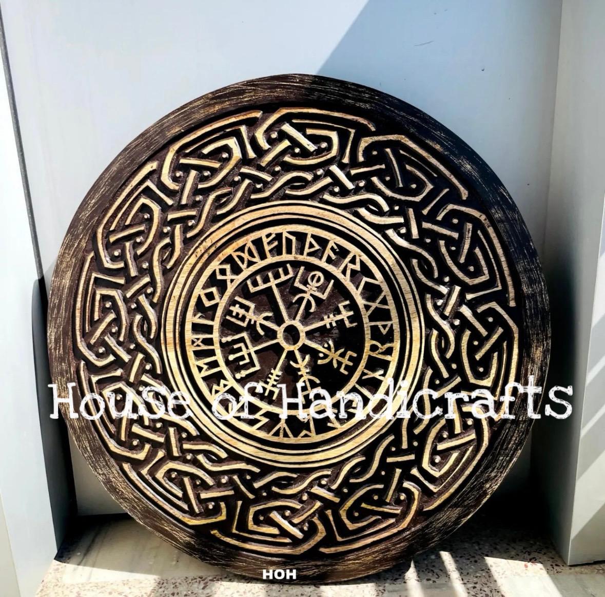 Viking Rune Weapon Replica - Handmade Viking Wooden Shield, Helm of Awe, Runes, Celtic Knots Wall