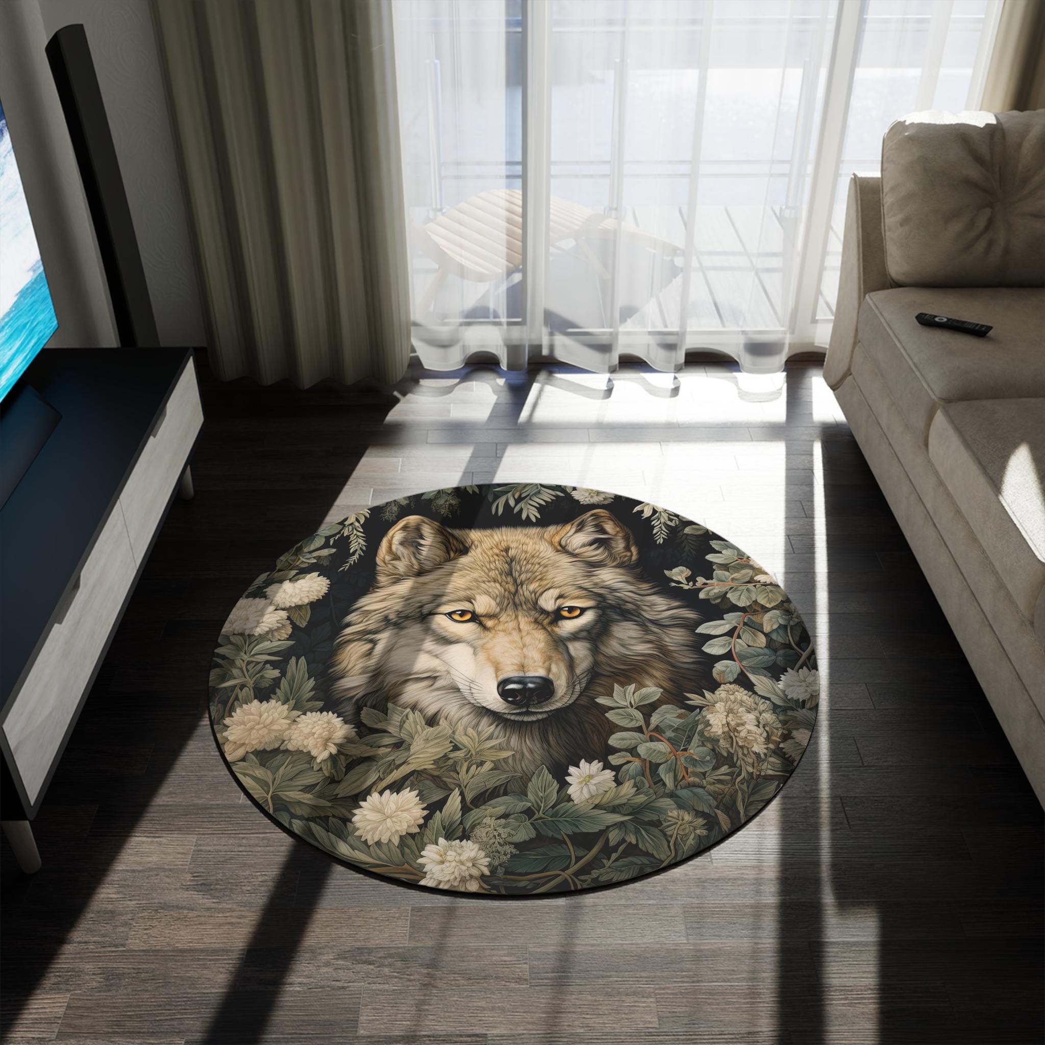 Viking Wolf Rug - Nordic Wolf Round Rug, Viking Wolf Area Rug, Celtic Knot Forest Decor, Mountain