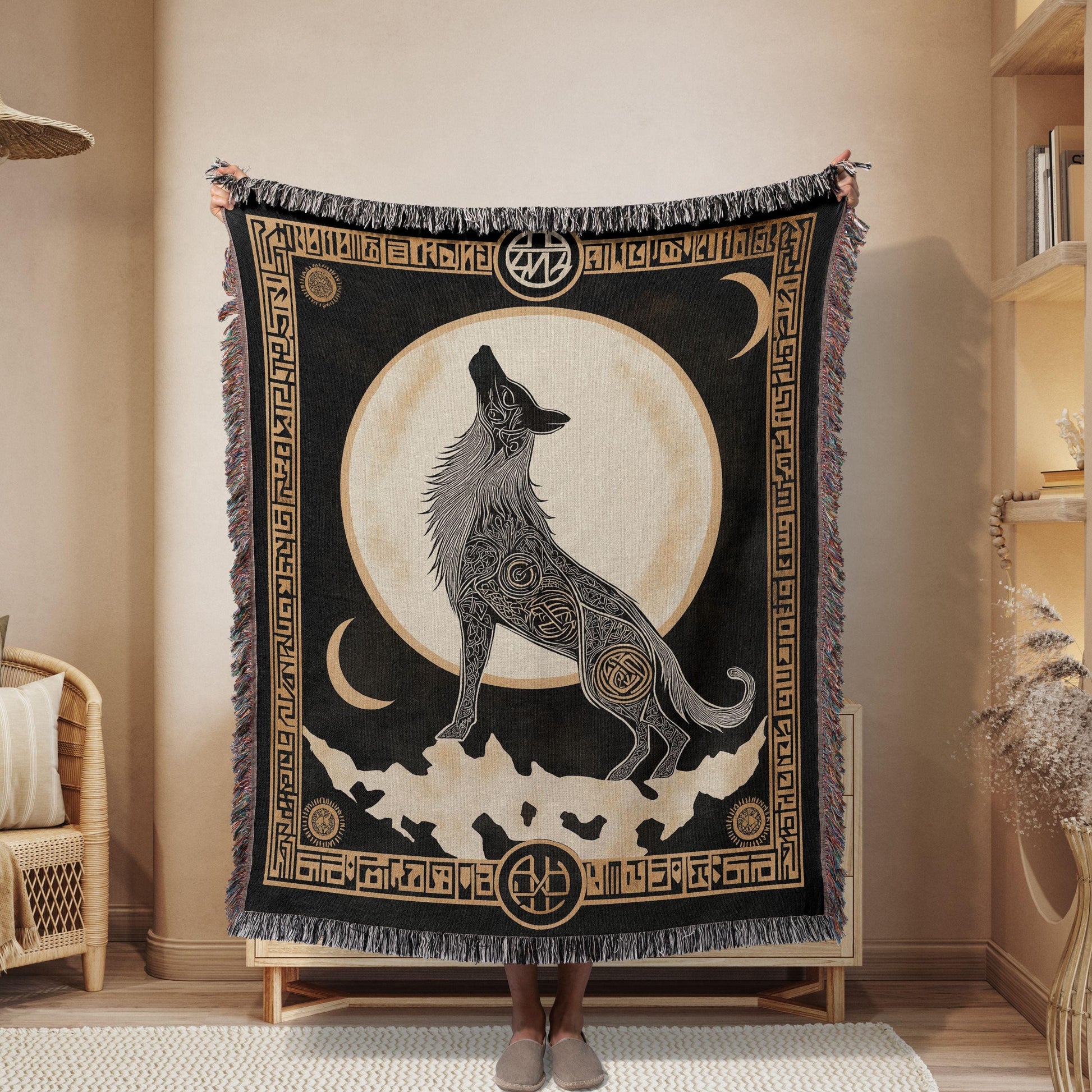 Viking Wolf Blanket - Norse Wolf Fenrir Woven Blanket, Wolf Woven Throw Blanket, Norse Style Woven