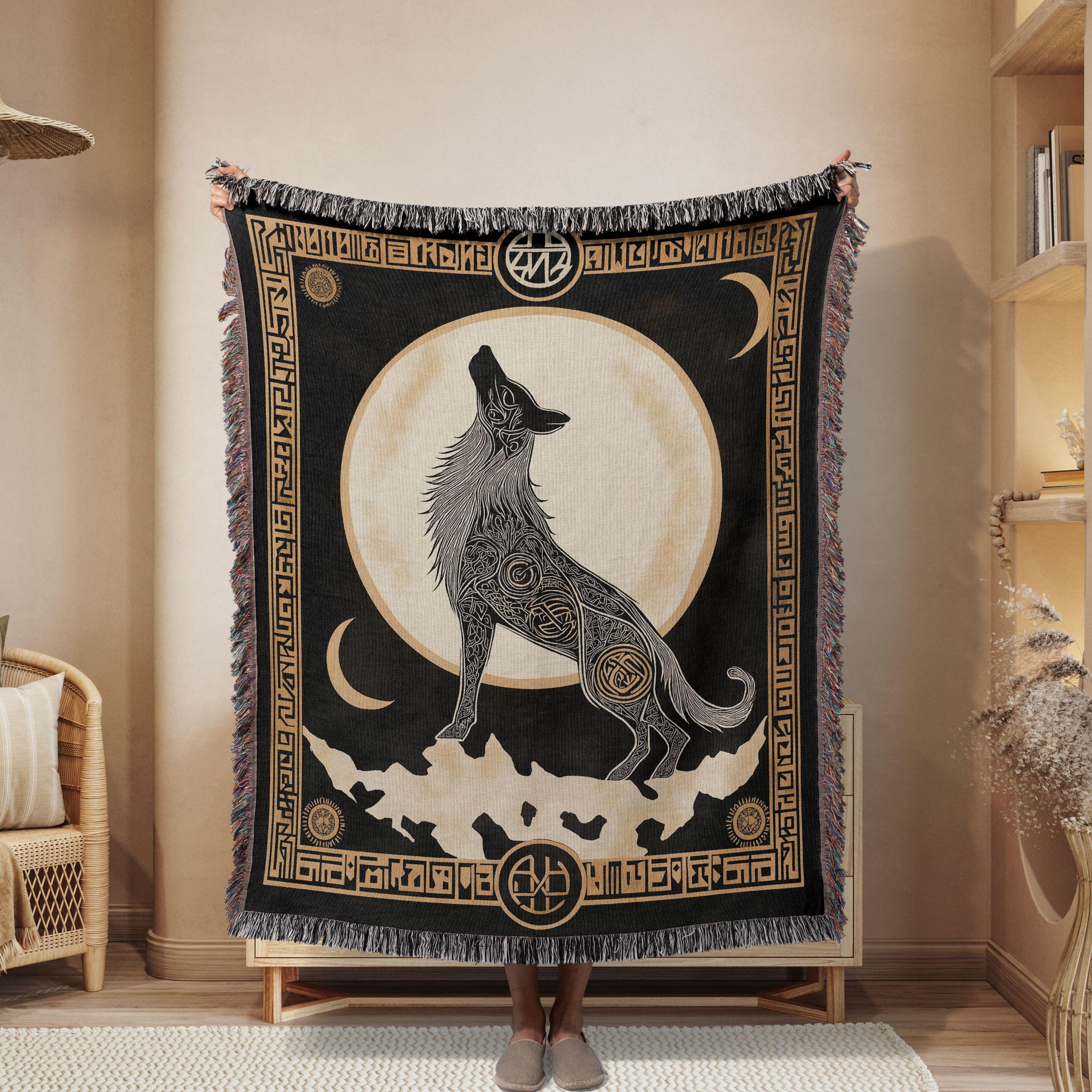 Viking Wolf Blanket - Norse Wolf Fenrir Woven Blanket, Wolf Woven Throw Blanket, Norse Style Woven
