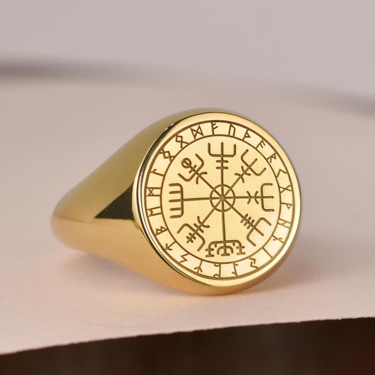 Viking Odin Ring - Vegvisir Viking Signet Ring, Norse Rune Protection Ring, 316L Stainless Steel