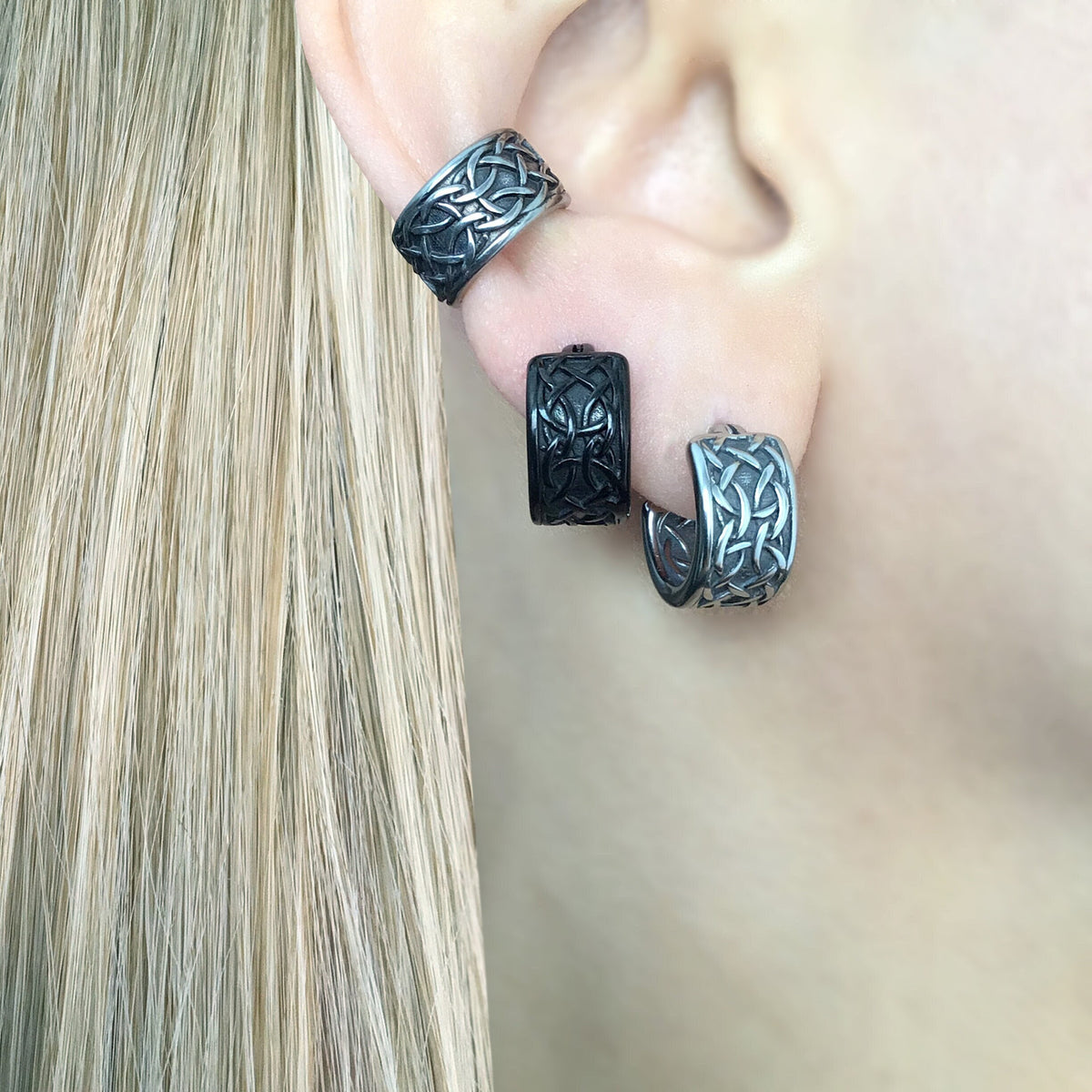 Viking Jewelry Accessory - Double Axe Ear Jacket Earrings, Stainless Steel, Celtic Norse Jewelry