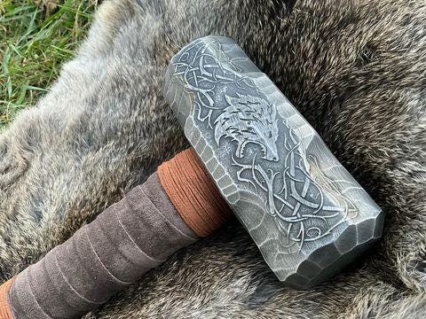 Viking Wolf Costume & LARP - Fenrir Viking Hammer Wolf and Runes Engraved Norse Cosplay Rustic