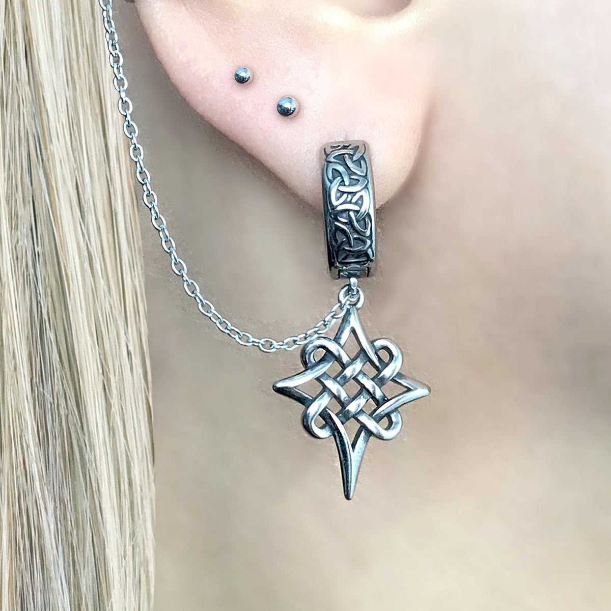Viking Jewelry Accessory - Double Axe Ear Jacket Earrings, Stainless Steel, Celtic Norse Jewelry