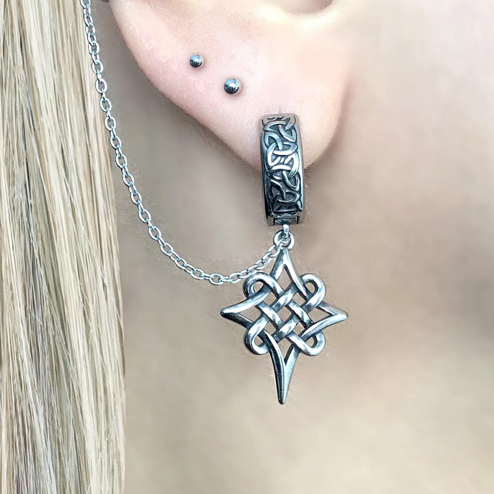 Viking Jewelry Accessory - Double Axe Ear Jacket Earrings, Stainless Steel, Celtic Norse Jewelry