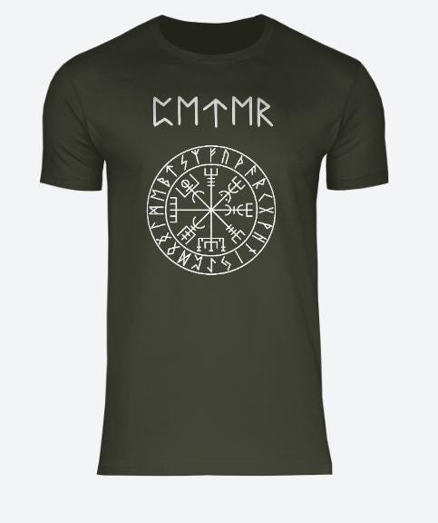 Viking Vegvisir Compass T-Shirt - NAME in RUNES + Vegvisir, REAL Futhark rune style up to 5xl