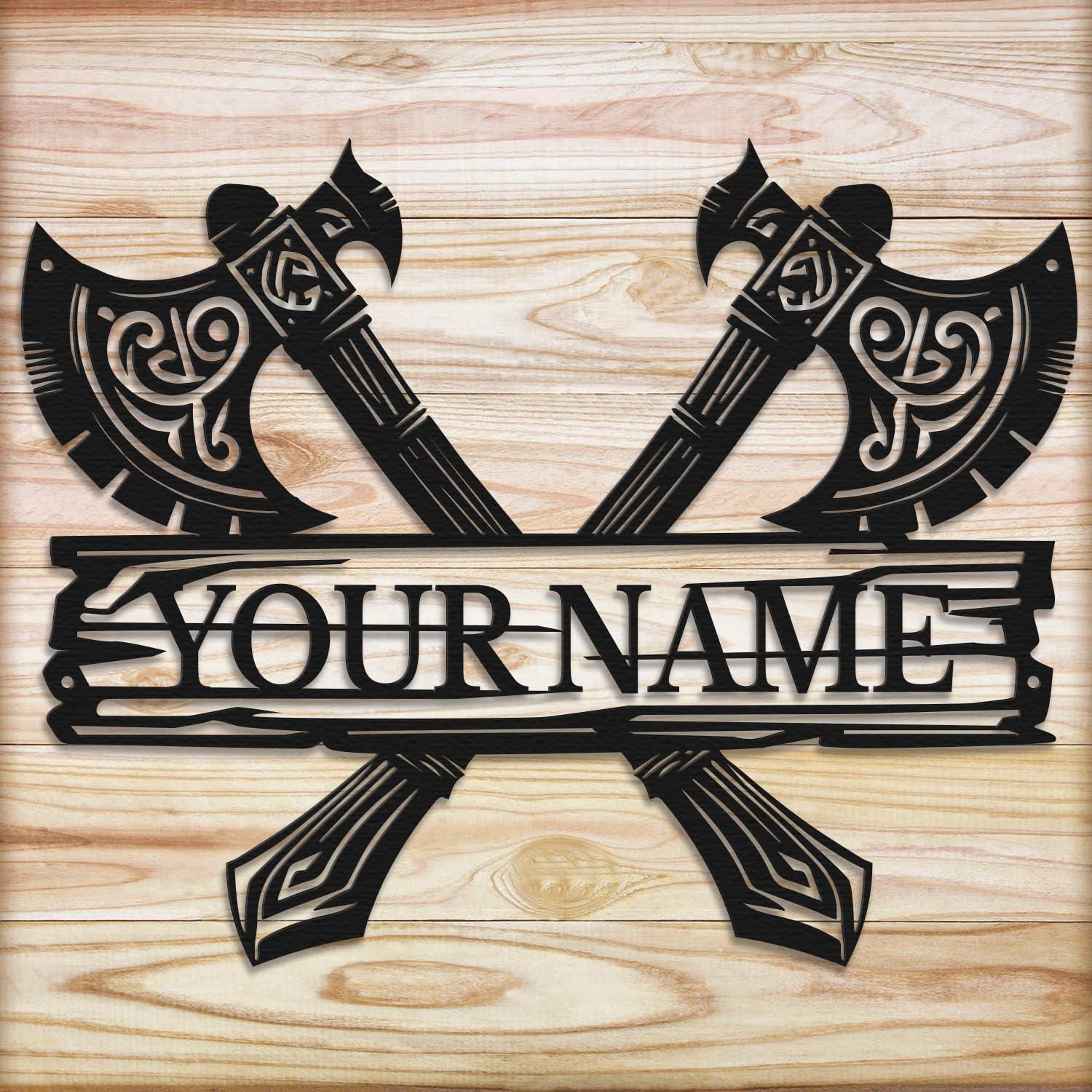 Viking Home Decor - Personalized Vikings Axe Metal Wall Art: Custom Name Sign