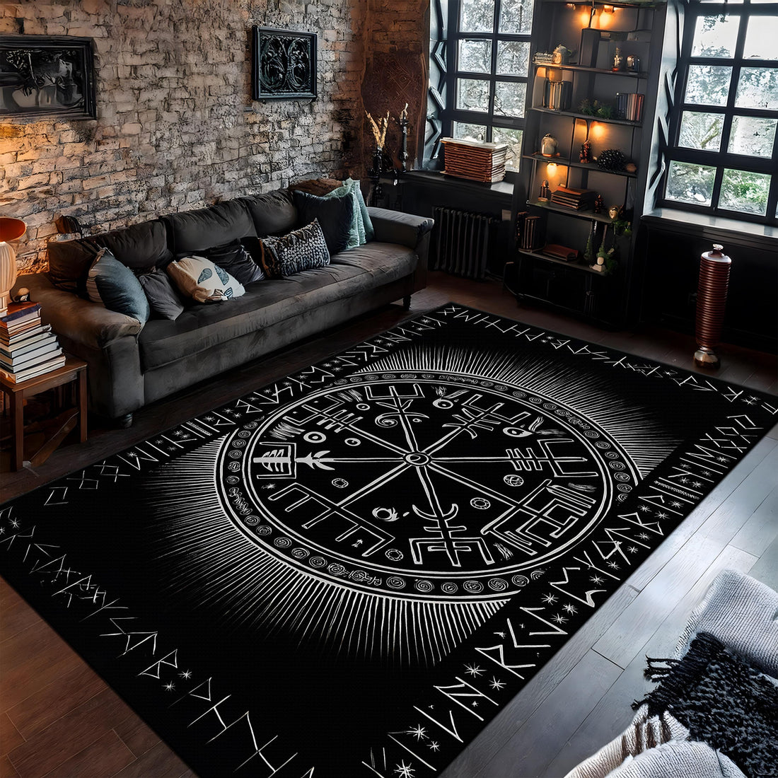 Viking Vegvisir Compass Rug - Vegvisir Shield Rune Rug, Norse Mythology Rug, Rune Symbol Rug