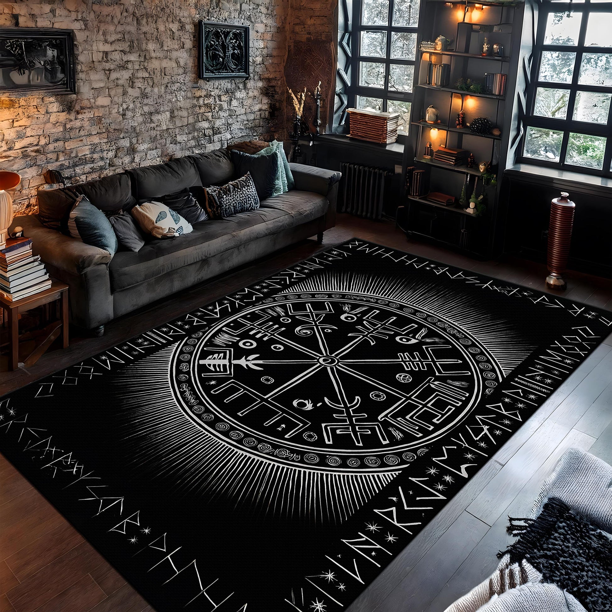 Viking Vegvisir Compass Rug - Vegvisir Shield Rune Rug, Norse Mythology Rug, Rune Symbol Rug