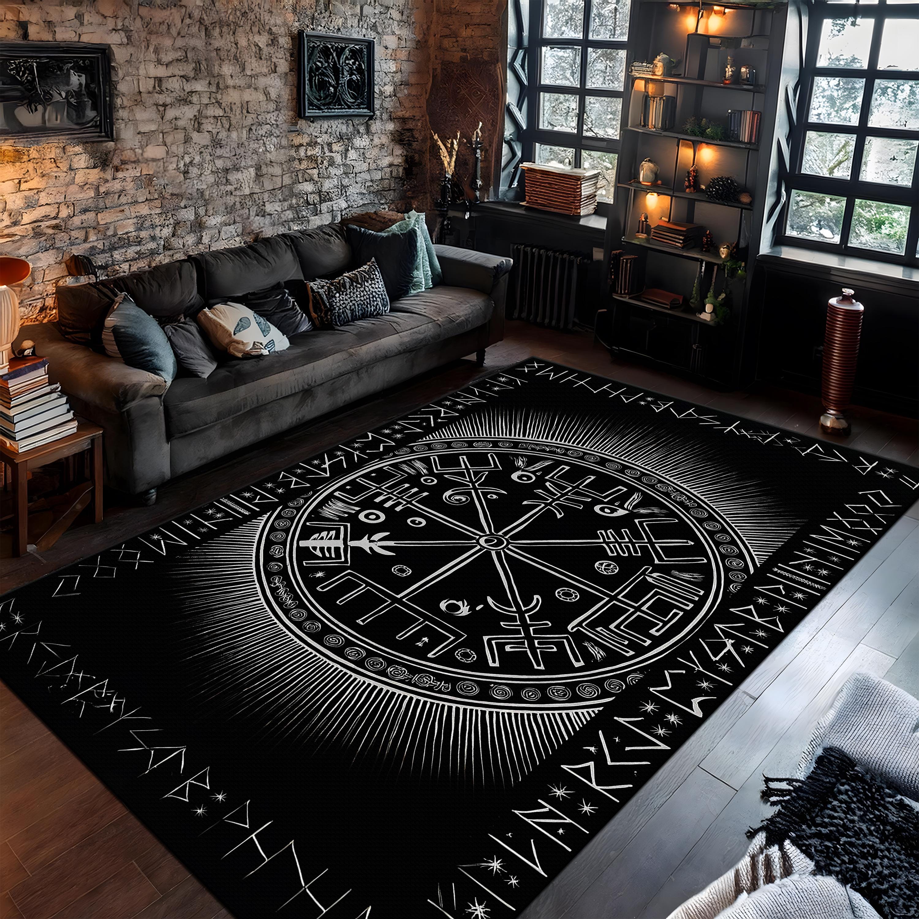 Viking Vegvisir Compass Rug - Vegvisir Shield Rune Rug, Norse Mythology Rug, Rune Symbol Rug