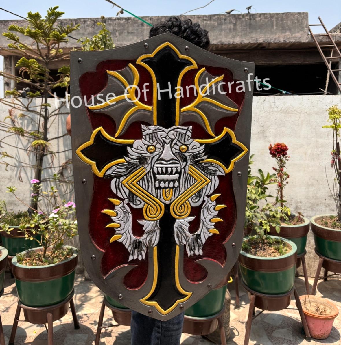 Viking Rune Weapon Replica - Handmade Viking Wooden Shield, Helm of Awe, Runes, Celtic Knots Wall
