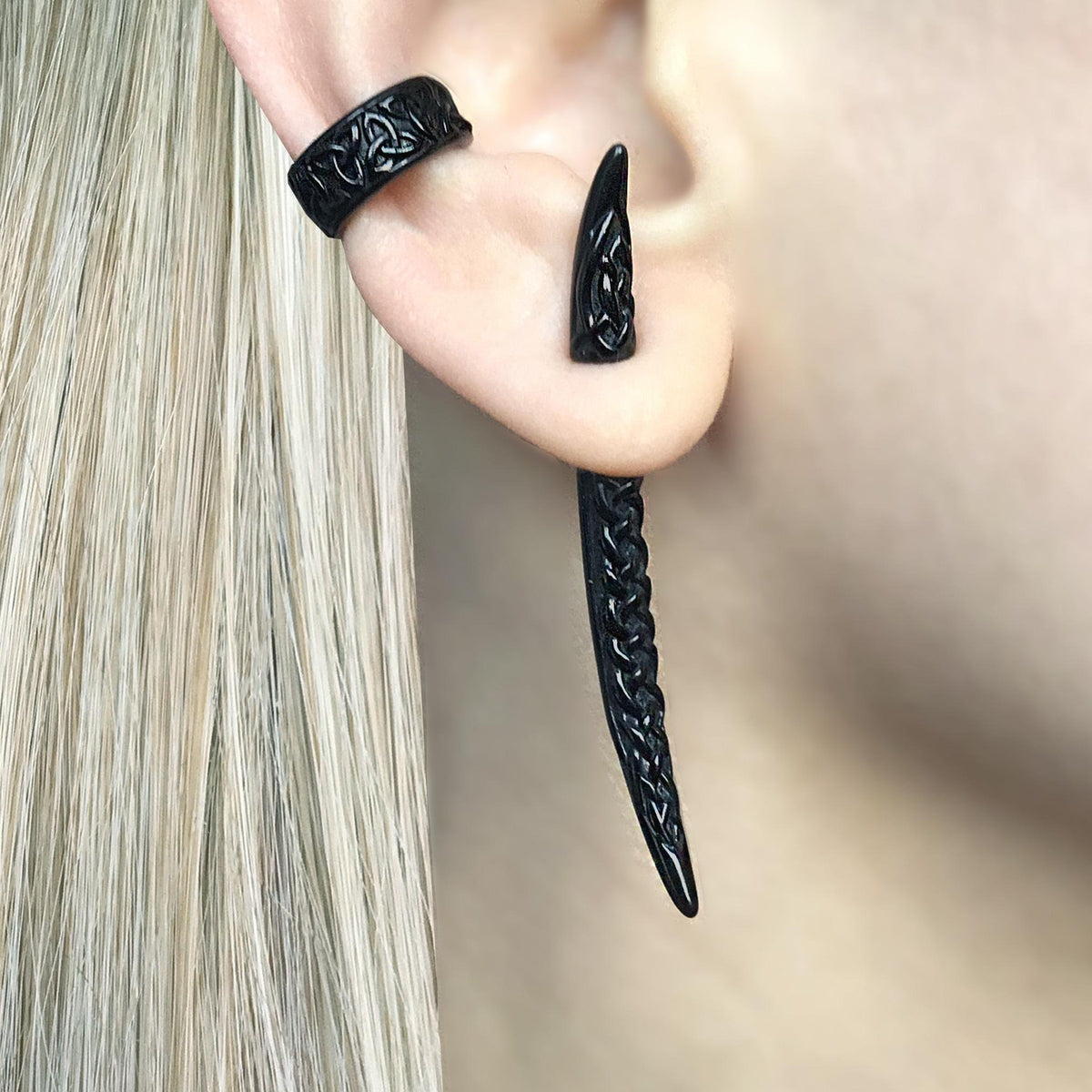 Viking Jewelry Accessory - Double Axe Ear Jacket Earrings, Stainless Steel, Celtic Norse Jewelry