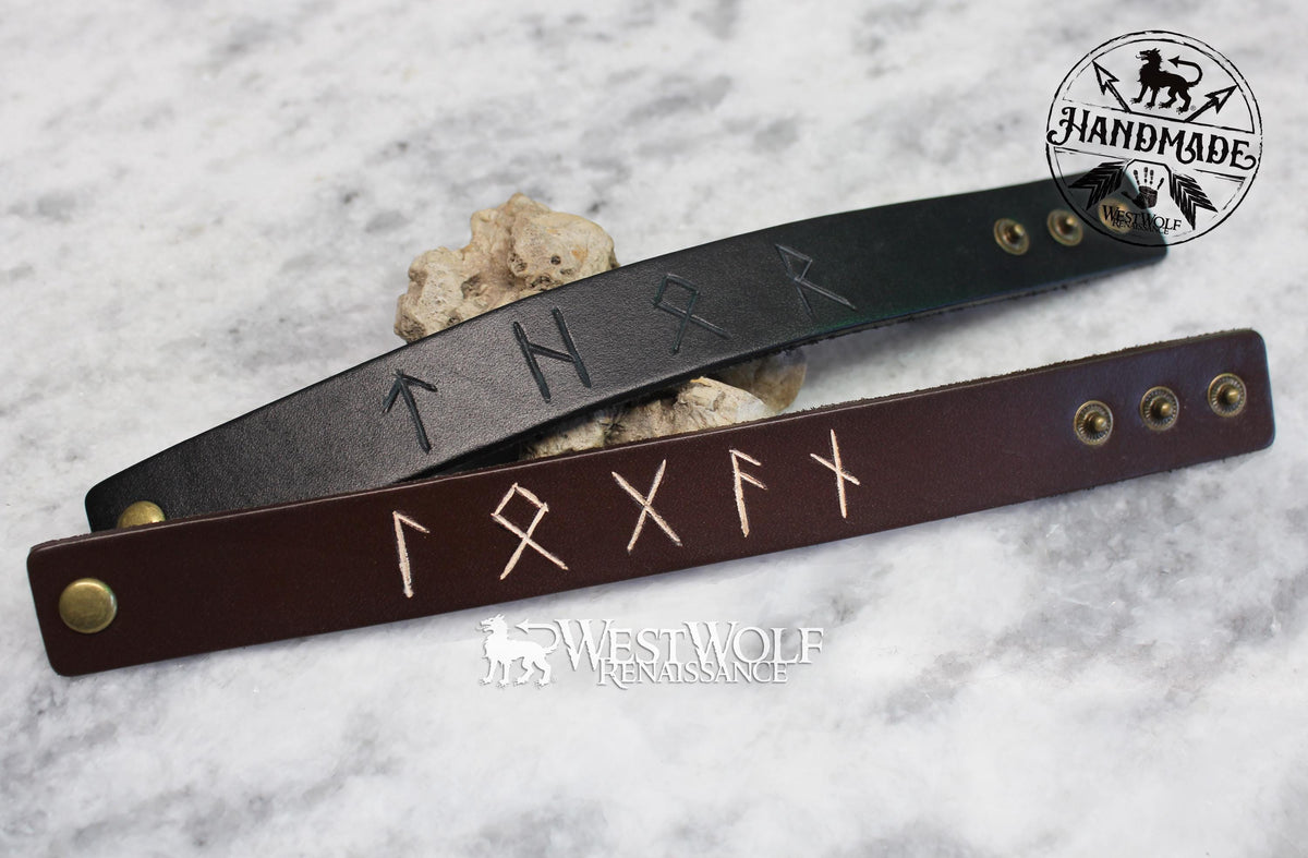 Viking Rune Bracelet - Simple Leather Viking Style Bracelet with Custom Carved Runes - Adjustable