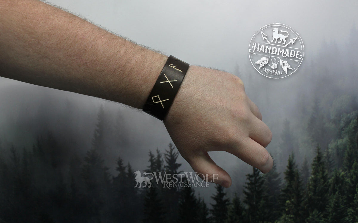 Viking Rune Bracelet - Simple Leather Viking Style Bracelet with Custom Carved Runes - Adjustable