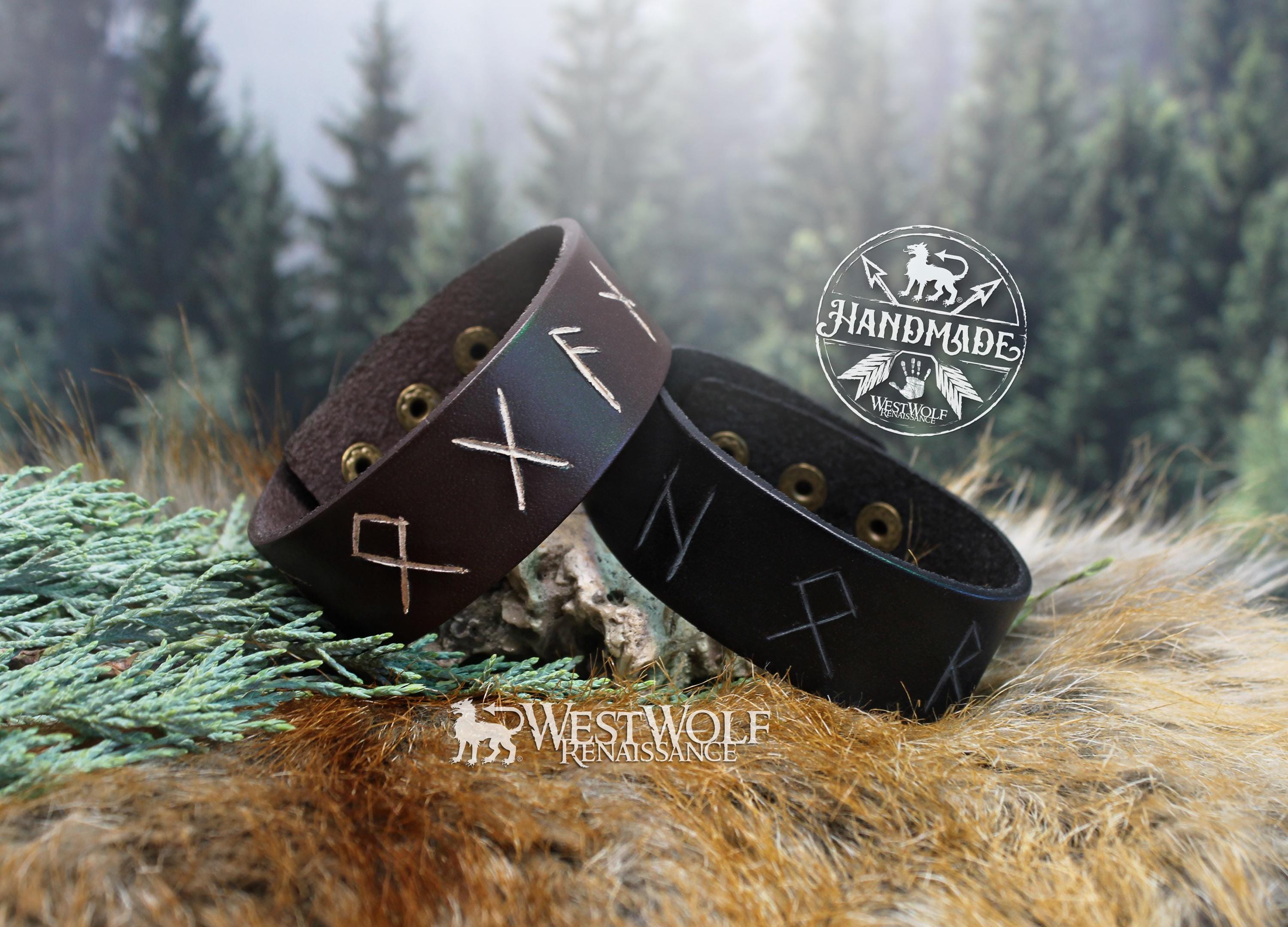 Viking Rune Bracelet - Simple Leather Viking Style Bracelet with Custom Carved Runes - Adjustable
