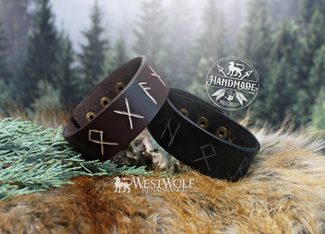 Viking Rune Bracelet - Simple Leather Viking Style Bracelet with Custom Carved Runes - Adjustable
