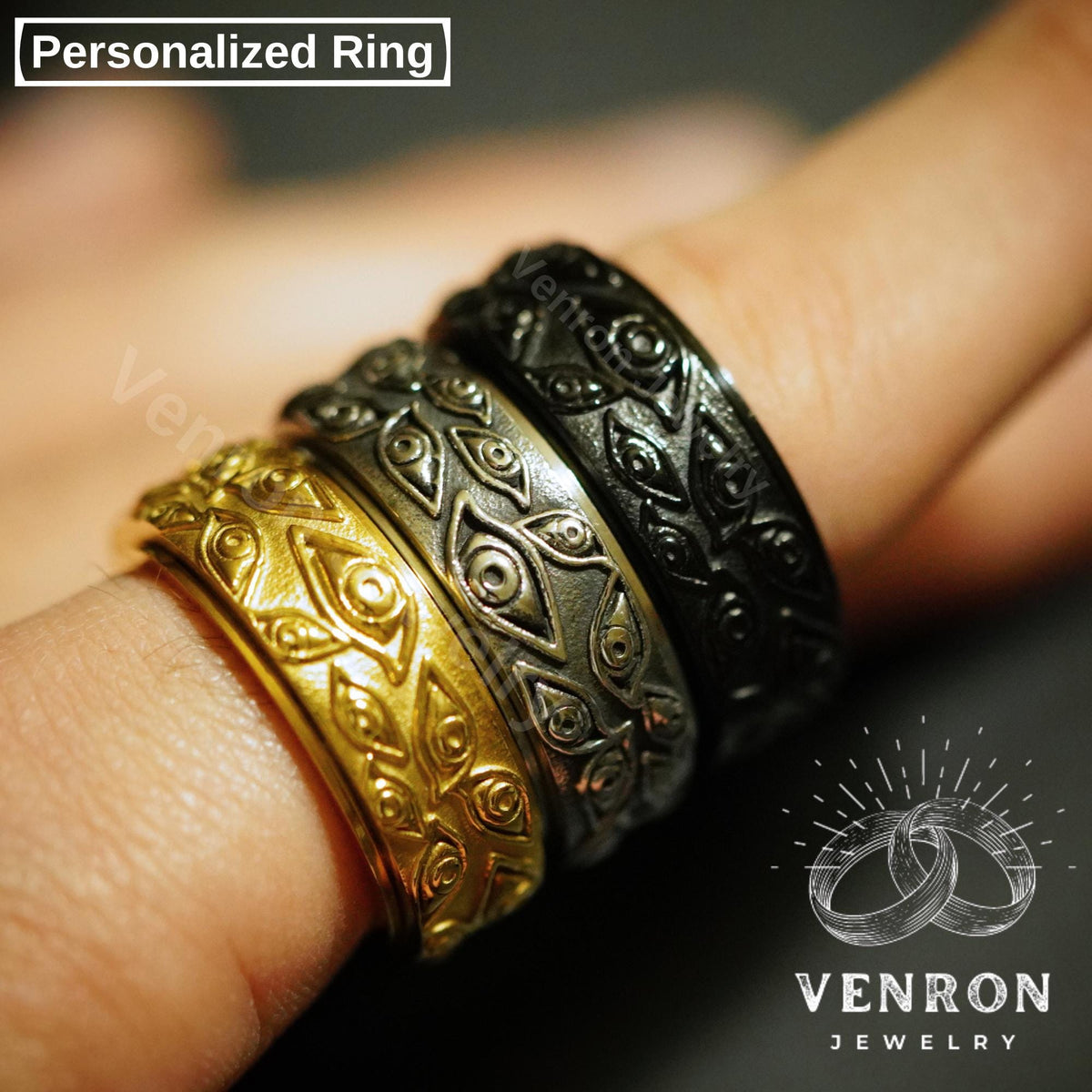 Viking Rune Ring - Ancient Viking Ring For Men - Nordic Runes Ring, Black Viking Norse Ring