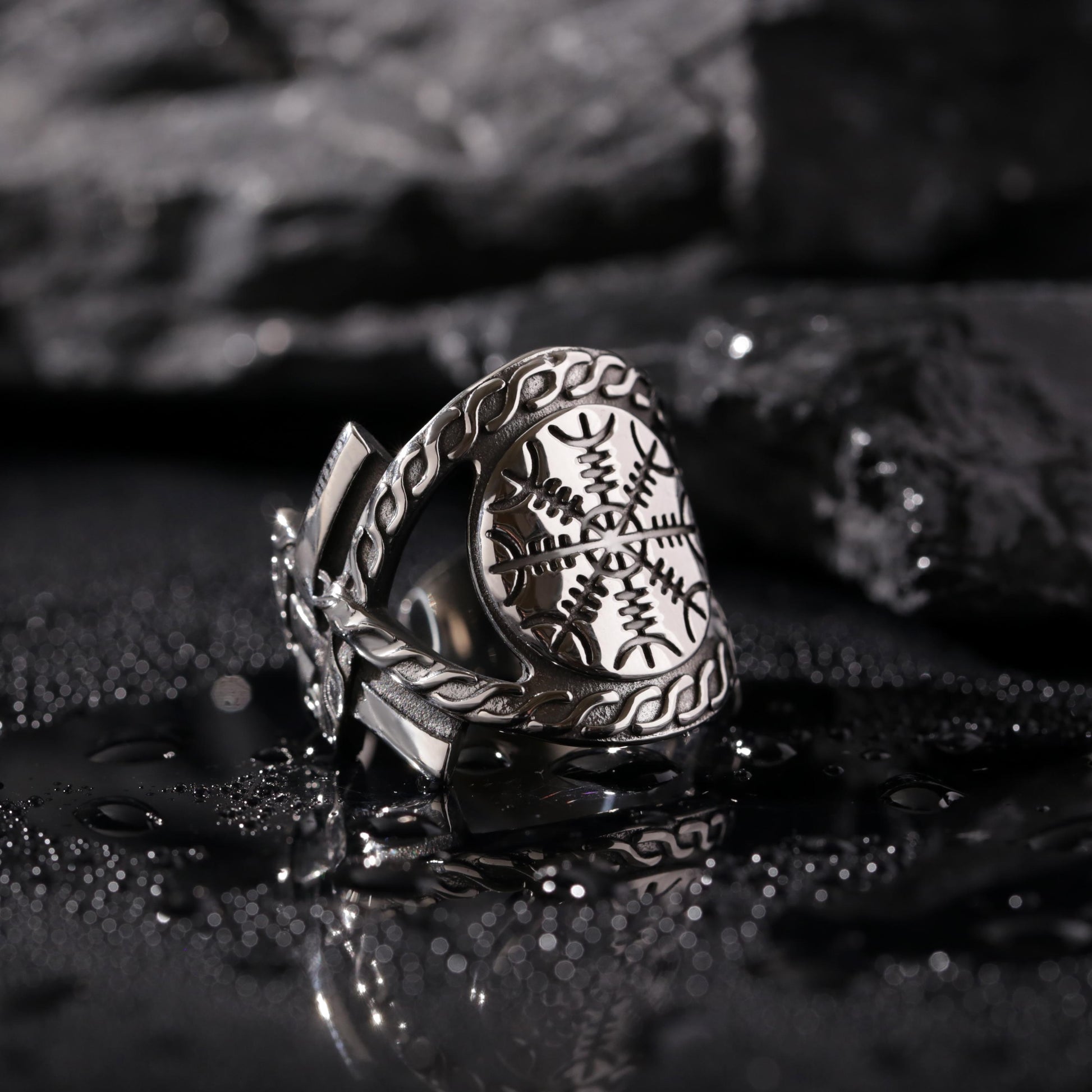 Viking Rune Ring - Viking Gothic Occult Bindrune Shield Intertwined Rune Band Ring, Silver Jewelry