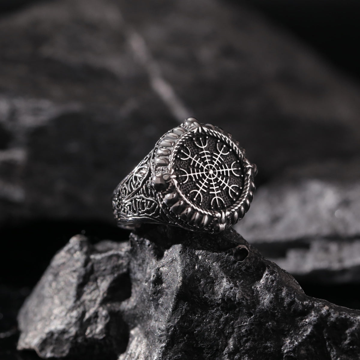 Viking Rune Ring - Viking Gothic Occult Bindrune Shield Intertwined Rune Band Ring, Silver Jewelry