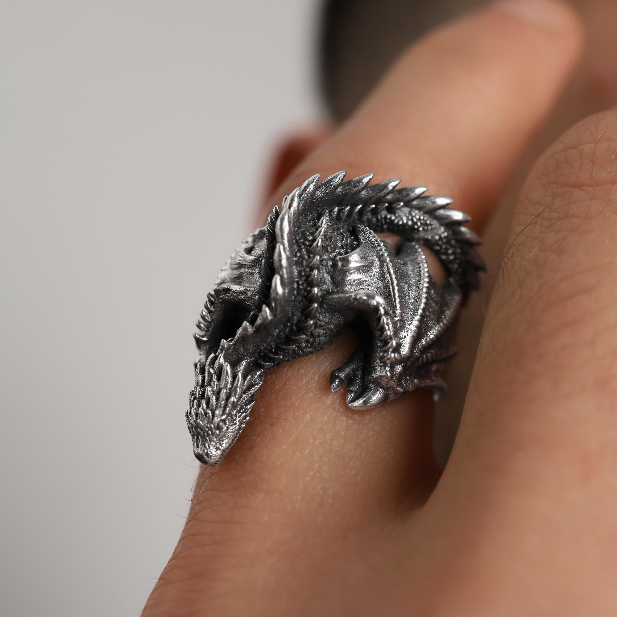 Viking Ring - Sterling Silver Dragon Ring, Adjustable Wrap Band, Gothic Mens Ring, Fantasy Jewelry