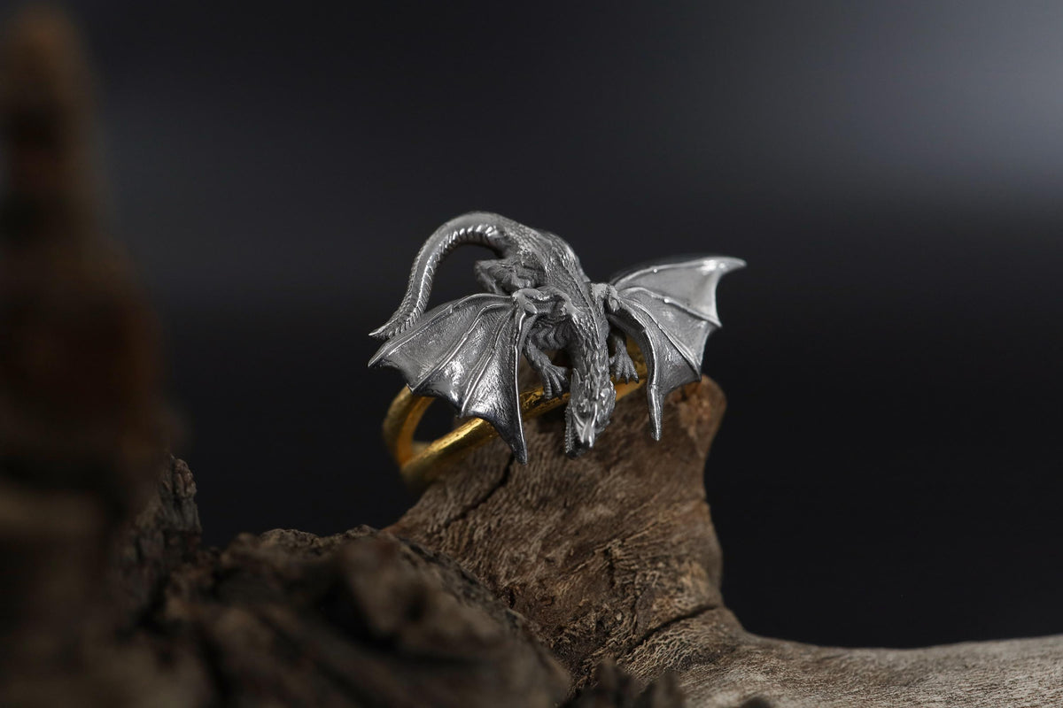 Viking Ring - Sterling Silver Dragon Ring, Adjustable Wrap Band, Gothic Mens Ring, Fantasy Jewelry