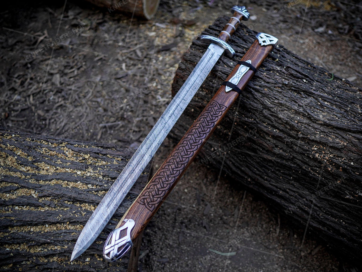 Viking Costume & LARP - 36” Damascus Northmen Sword with Scabbard, Handmade Collectible Medieval