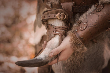 Viking Mug - Viking Style Drinking Horn with Split Leather Lid and Leather Straps