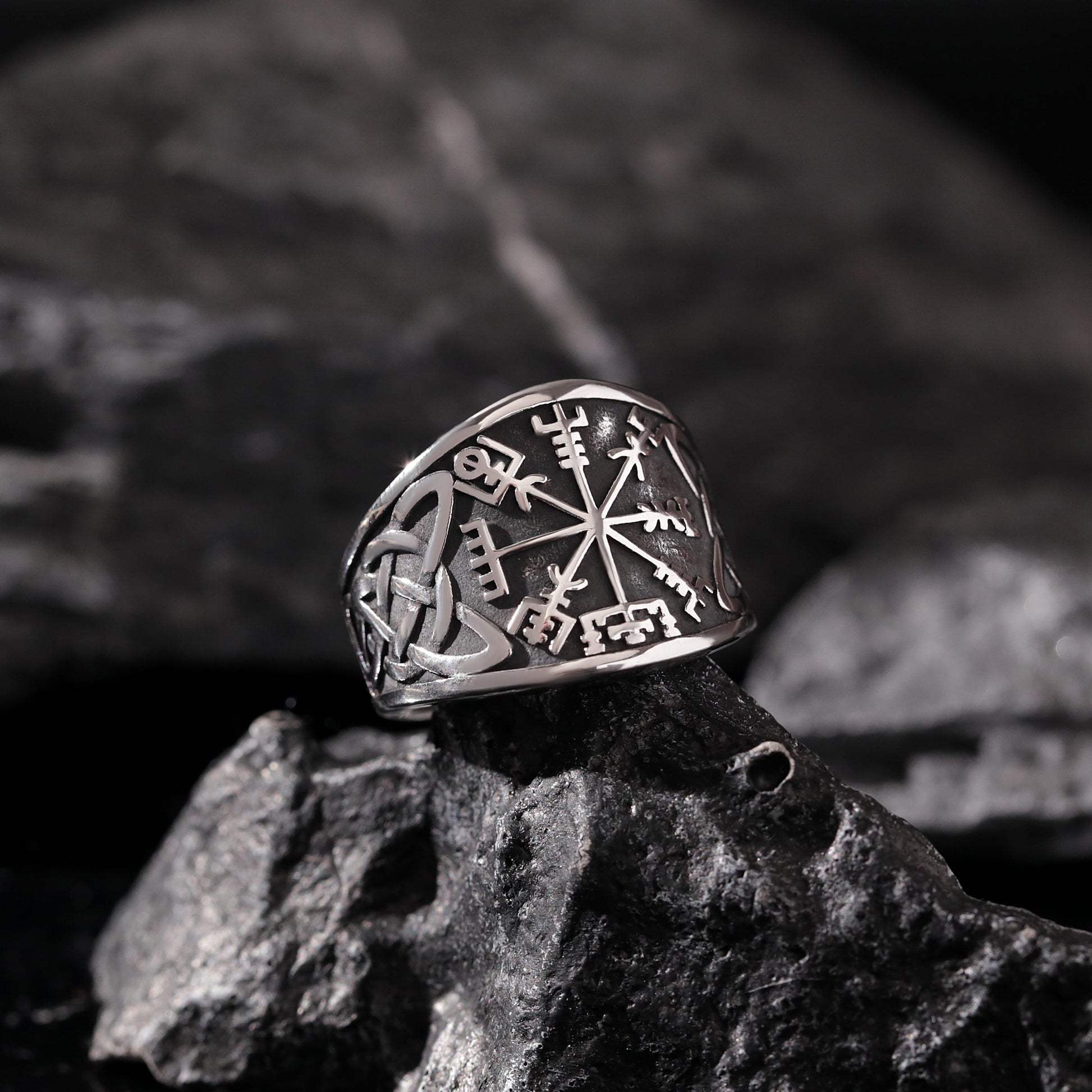 Viking Rune Ring - Viking Gothic Occult Bindrune Shield Intertwined Rune Band Ring, Silver Jewelry