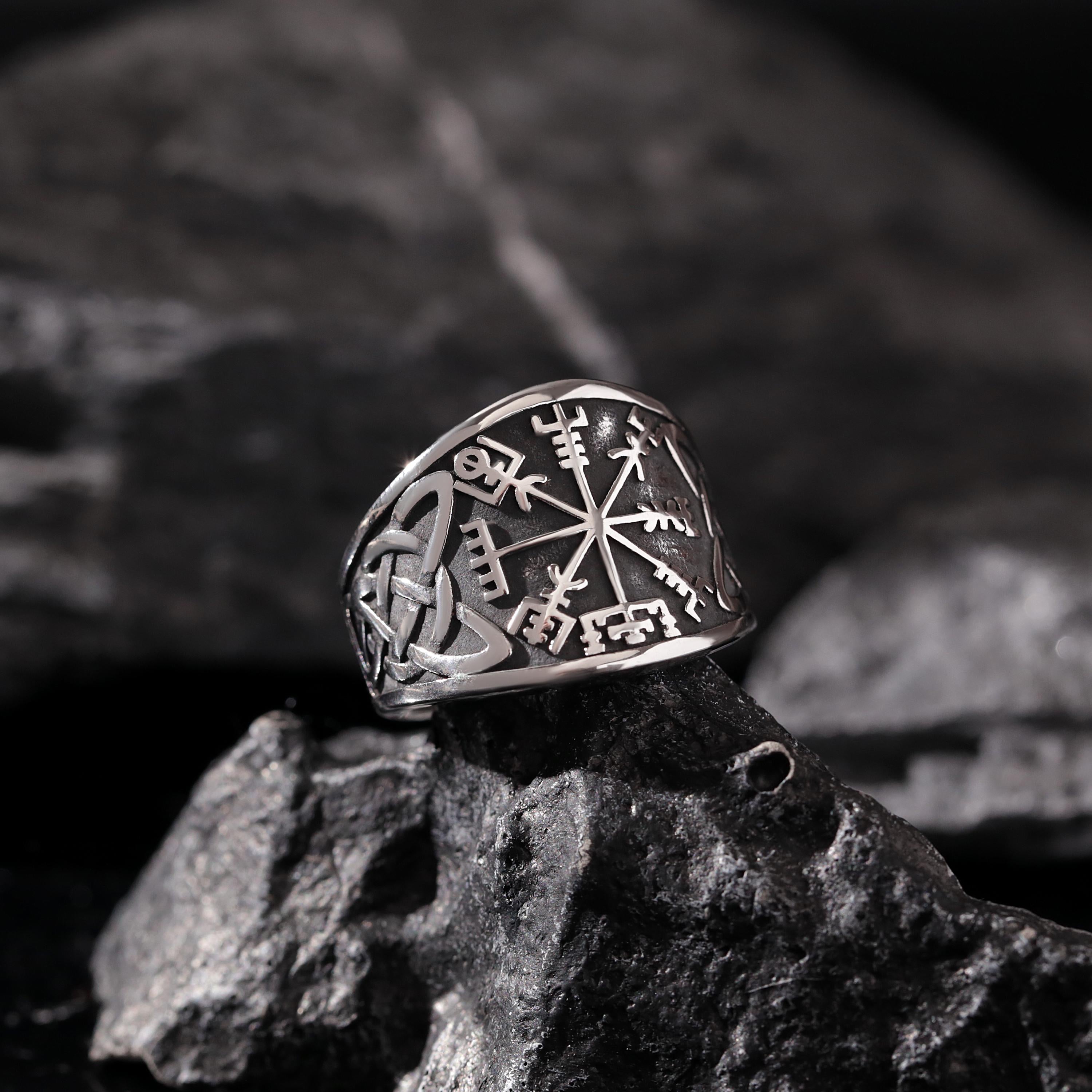 Viking Rune Ring - Viking Gothic Occult Bindrune Shield Intertwined Rune Band Ring, Silver Jewelry
