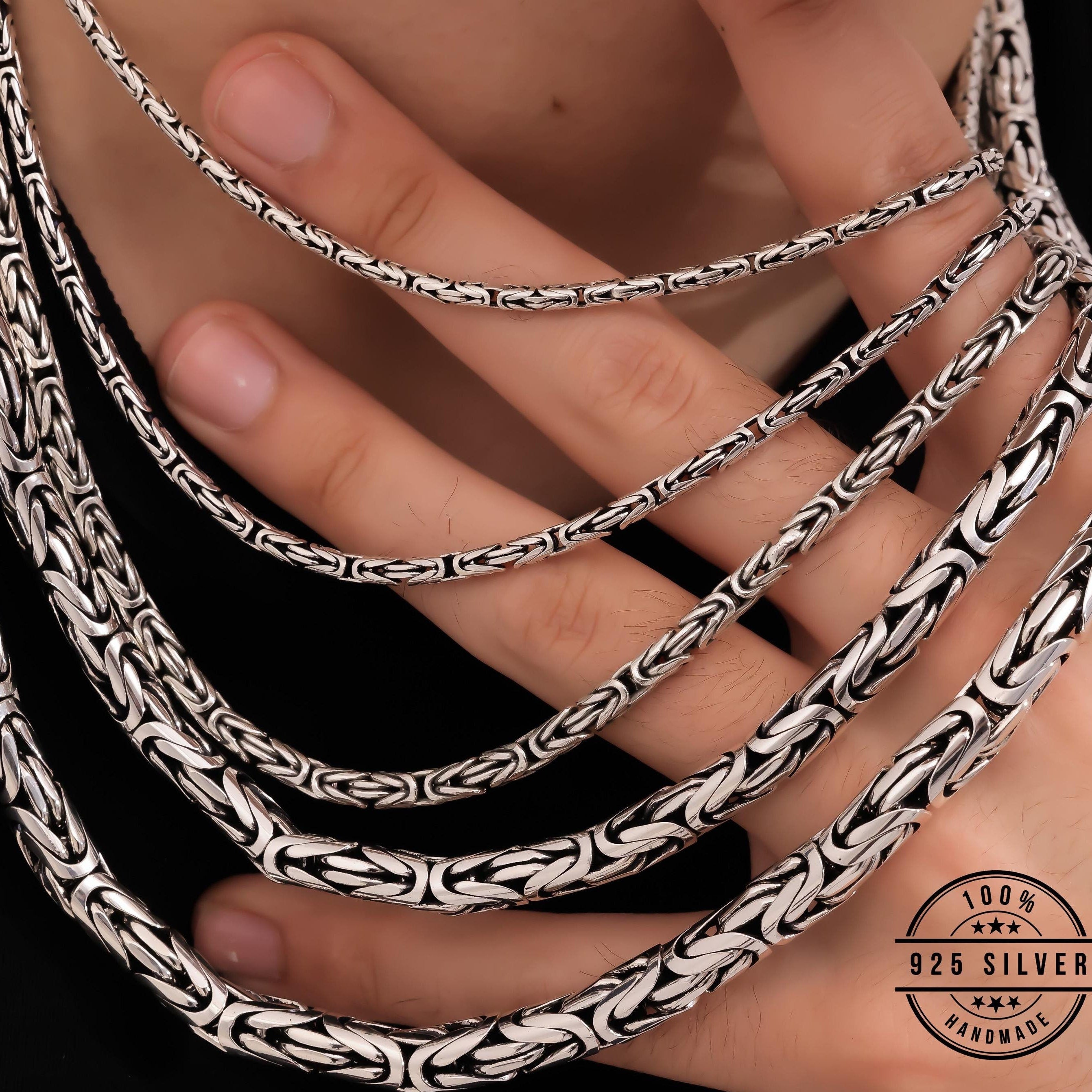 Viking Necklace - Oxidized Silver Square Byzantine Chain Necklace, 925 Sterling Silver Viking