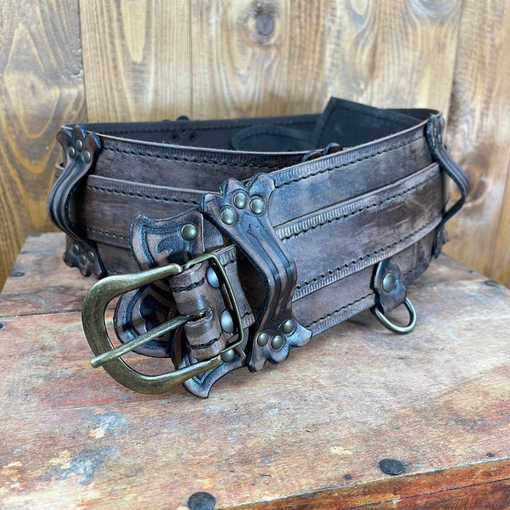 Viking Wolf Leather Accessory - Viking Tooled Leather Belt Fenrir Tyr Design