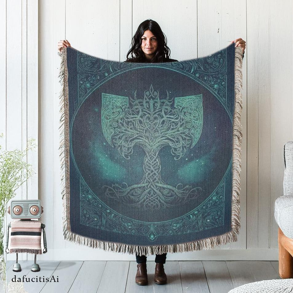 Viking Thor's Hammer Blanket - Viking Longship Woven Blanket, Medieval Norse Mythology Tapestry