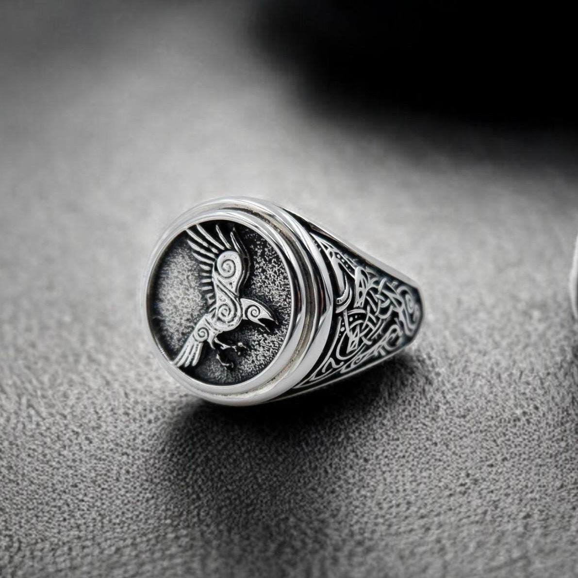 Viking Raven Ring - Silver Raven Celtic Knot Ring, Oxidized Viking Band, Norse Gothic Jewelry