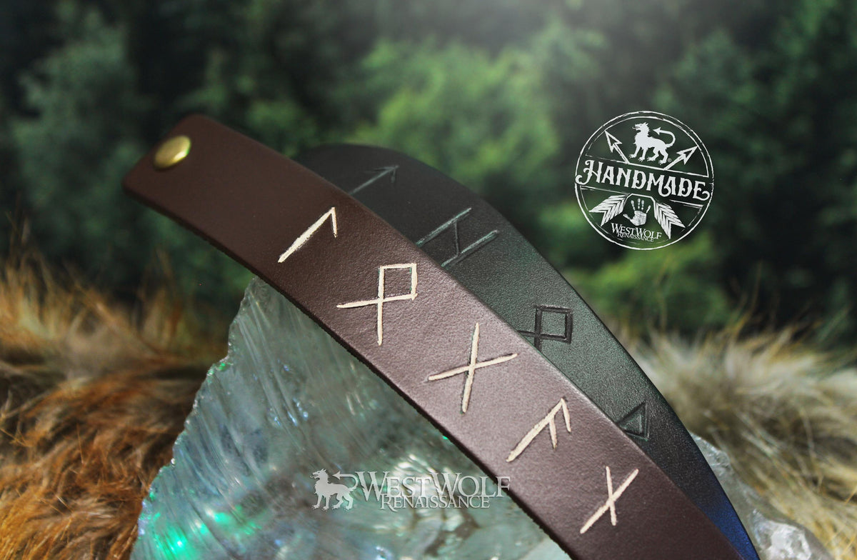 Viking Rune Bracelet - Simple Leather Viking Style Bracelet with Custom Carved Runes - Adjustable