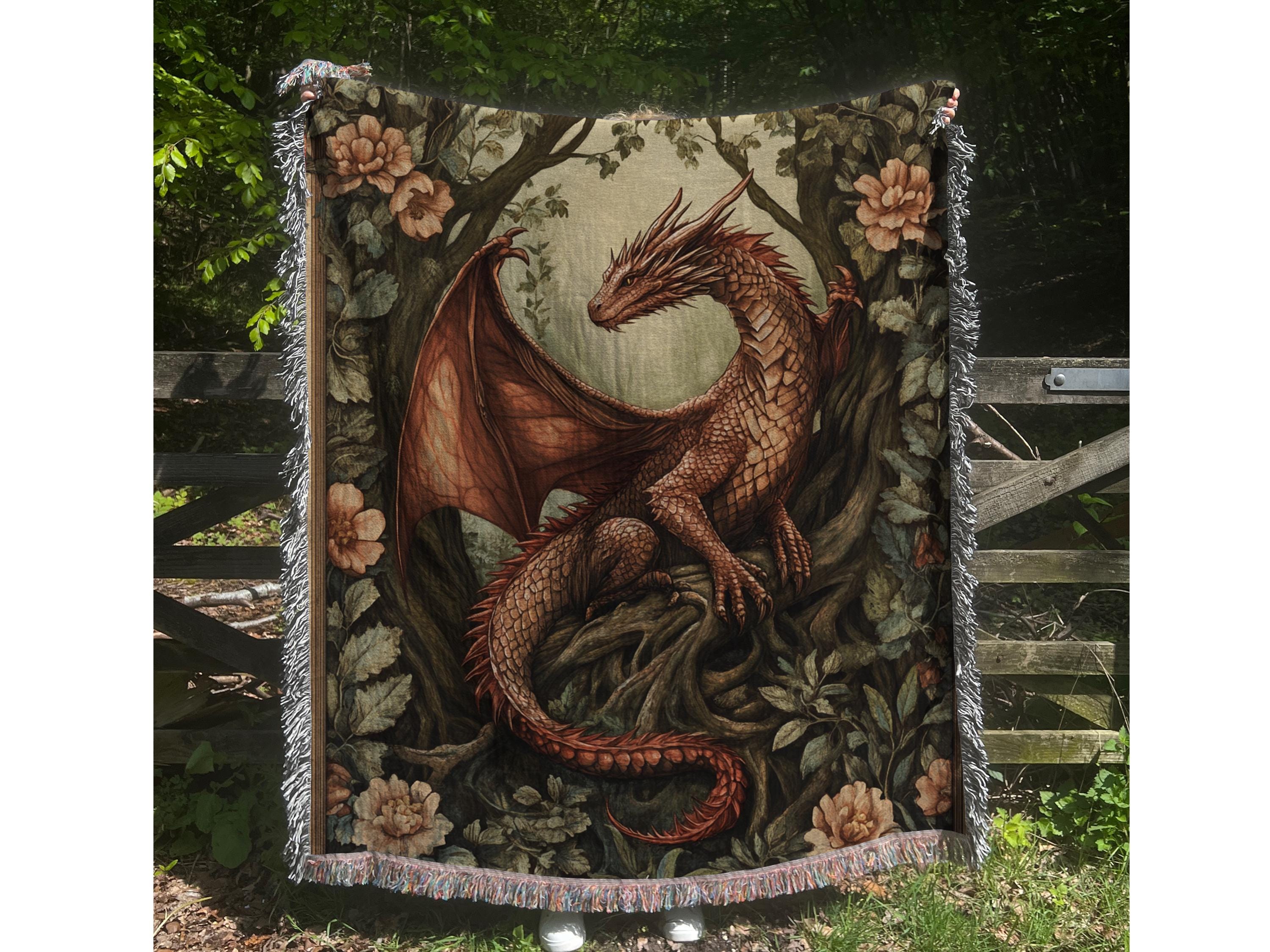 Viking Blanket - Viking Nordic Dragon Woven Cotton Throw Blanket, Fringed Tapestry Decor