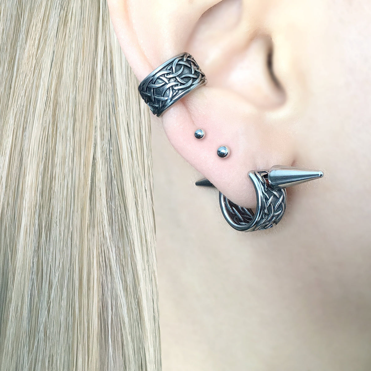 Viking Jewelry Accessory - Double Axe Ear Jacket Earrings, Stainless Steel, Celtic Norse Jewelry
