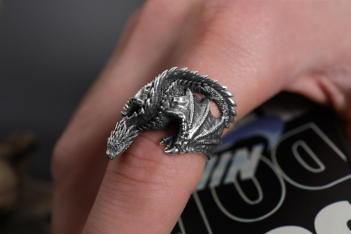 Viking Ring - Sterling Silver Dragon Ring, Adjustable Wrap Band, Gothic Mens Ring, Fantasy Jewelry