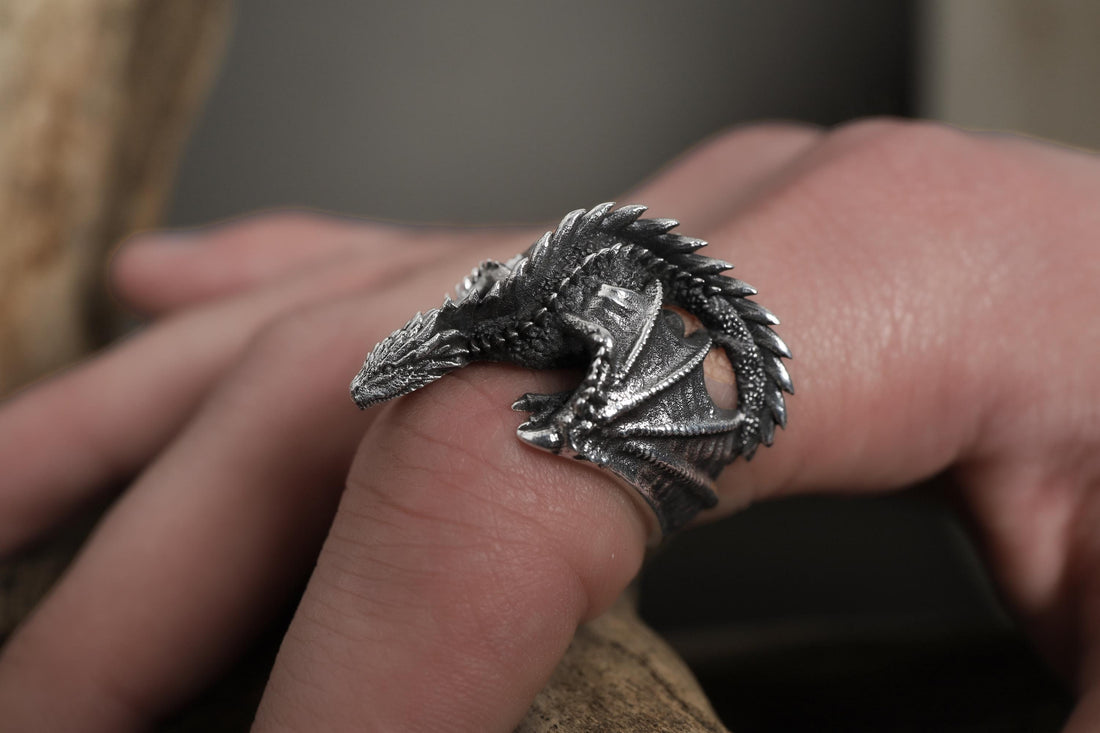Viking Ring - Sterling Silver Dragon Ring, Adjustable Wrap Band, Gothic Mens Ring, Fantasy Jewelry