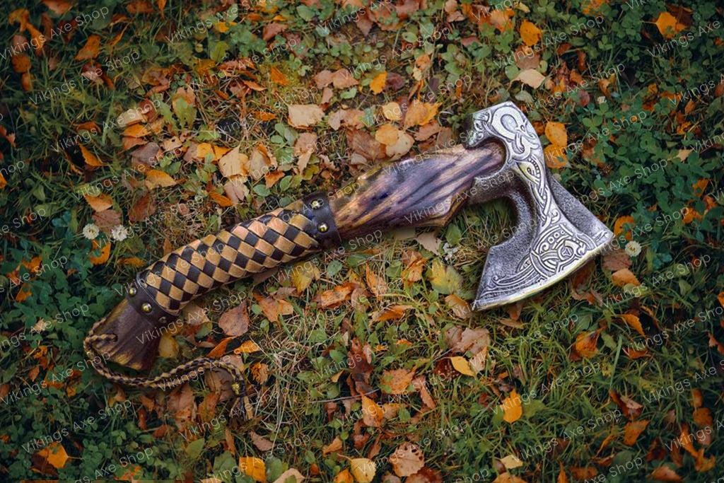Viking Weapon Replica - Christmas Gift Norse VIKING AXE with Wood Shaft, High Carbon Steel Bearded