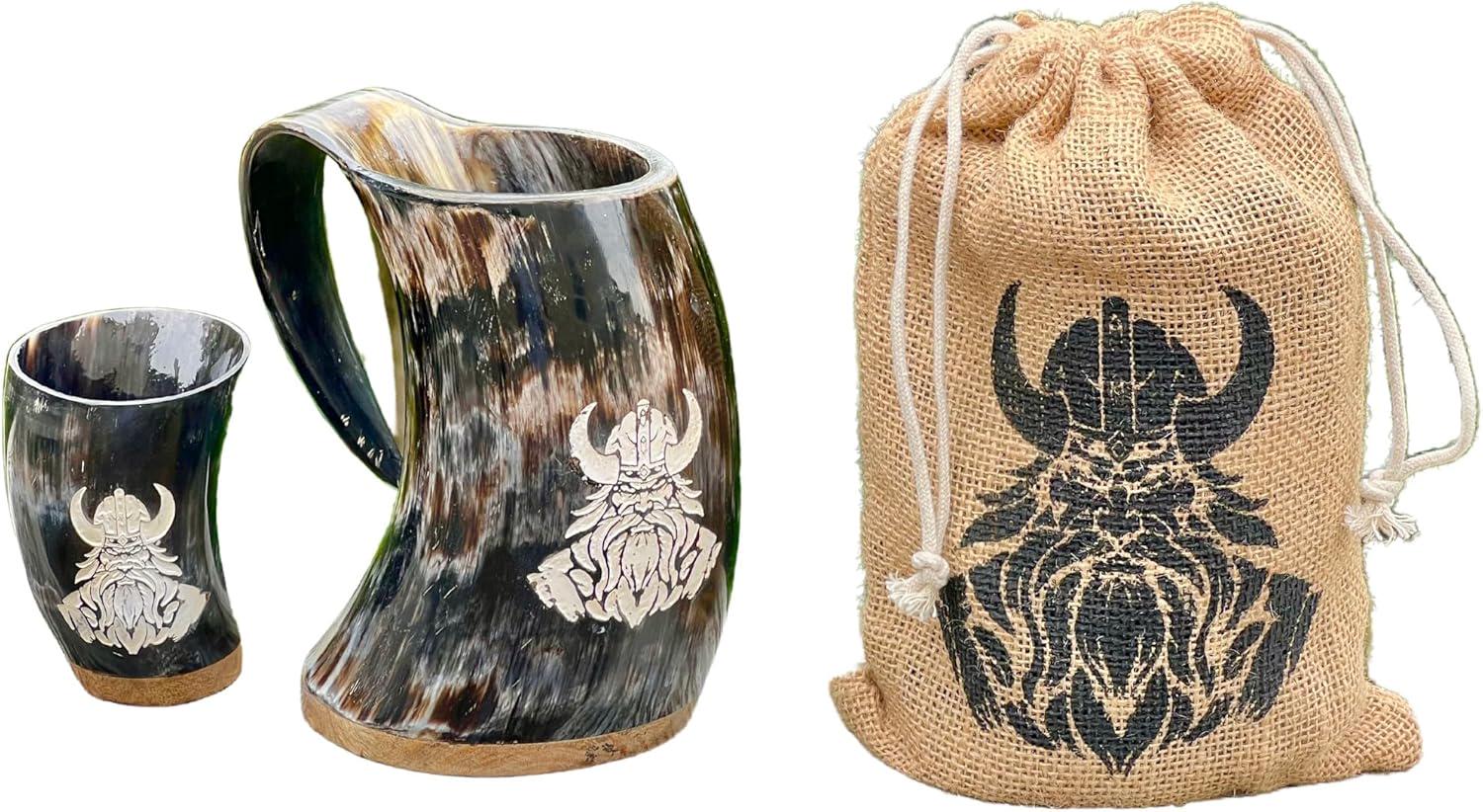 Viking Mug - Viking Drinking Horn Mug Set: Genuine Ox Horn Stein with Shot Glass