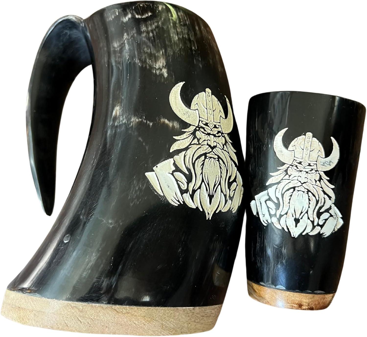 Viking Mug - Viking Drinking Horn Mug Set: Genuine Ox Horn Stein with Shot Glass